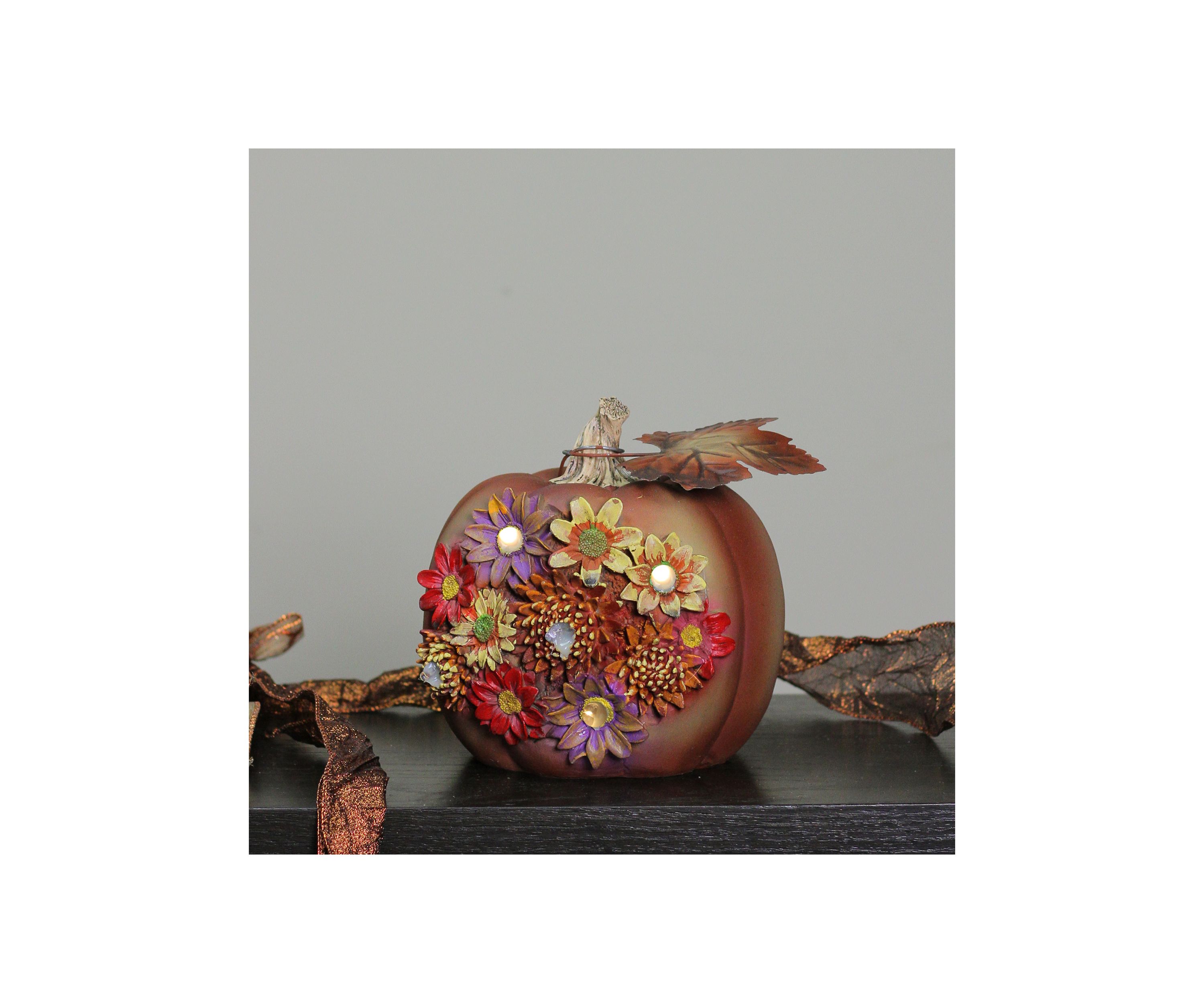 7.5 inch Brown Solar Powered Floral Pumpkin Outdoor Decoration