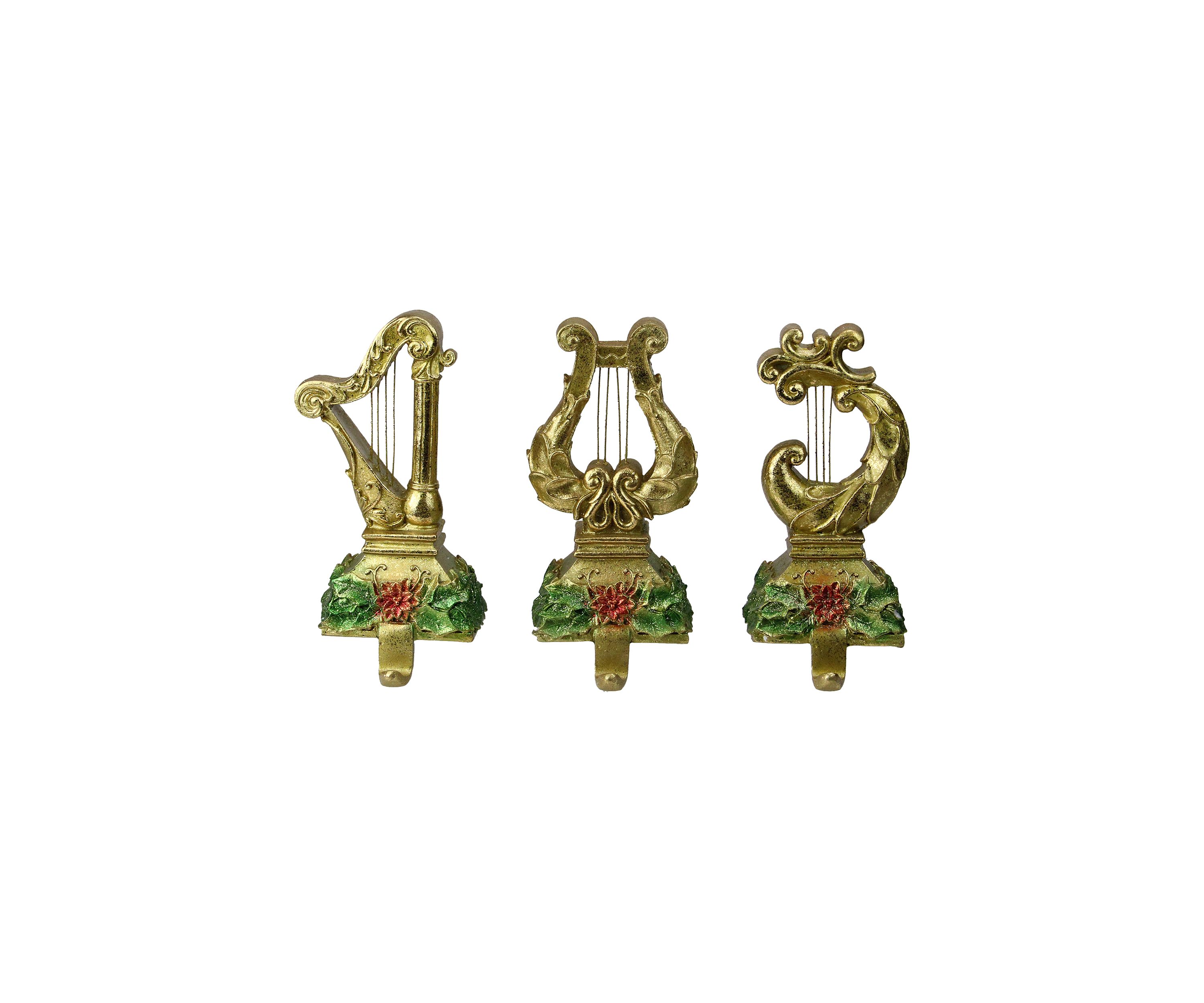 Set of 3 Gold Harp Musical Instruments Glittered Christmas Stocking Holders 8Inch