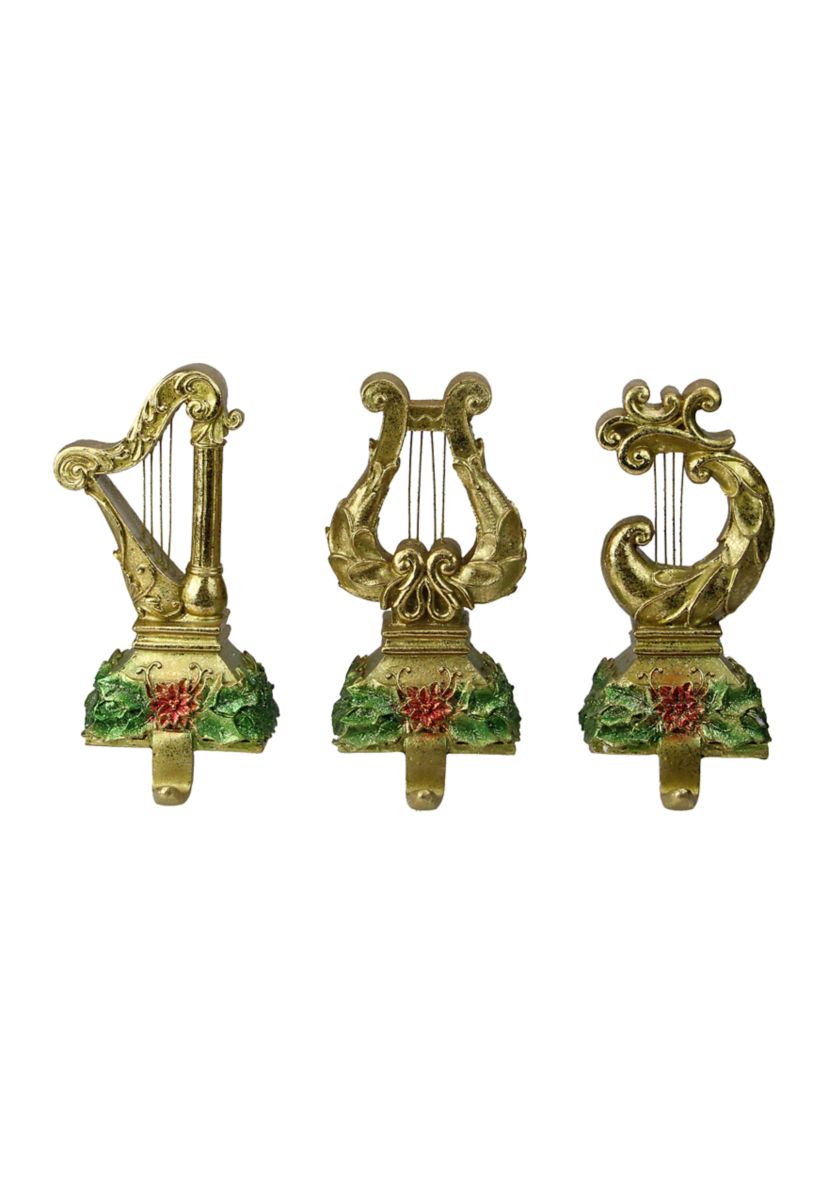 Set of 3 Gold Harp Musical Instruments Glittered Christmas Stocking Holders 8Inch