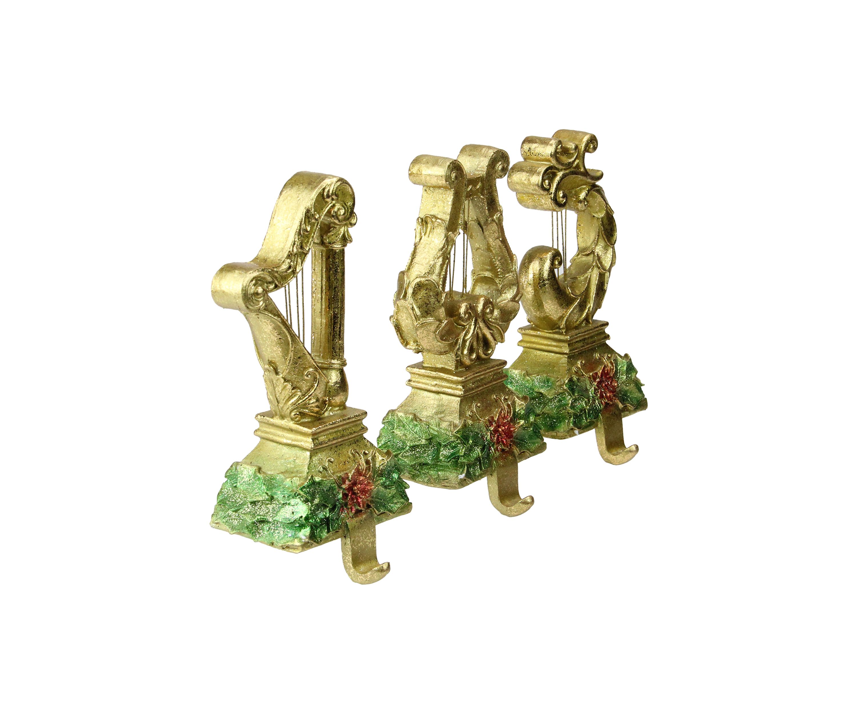Set of 3 Gold Harp Musical Instruments Glittered Christmas Stocking Holders 8Inch