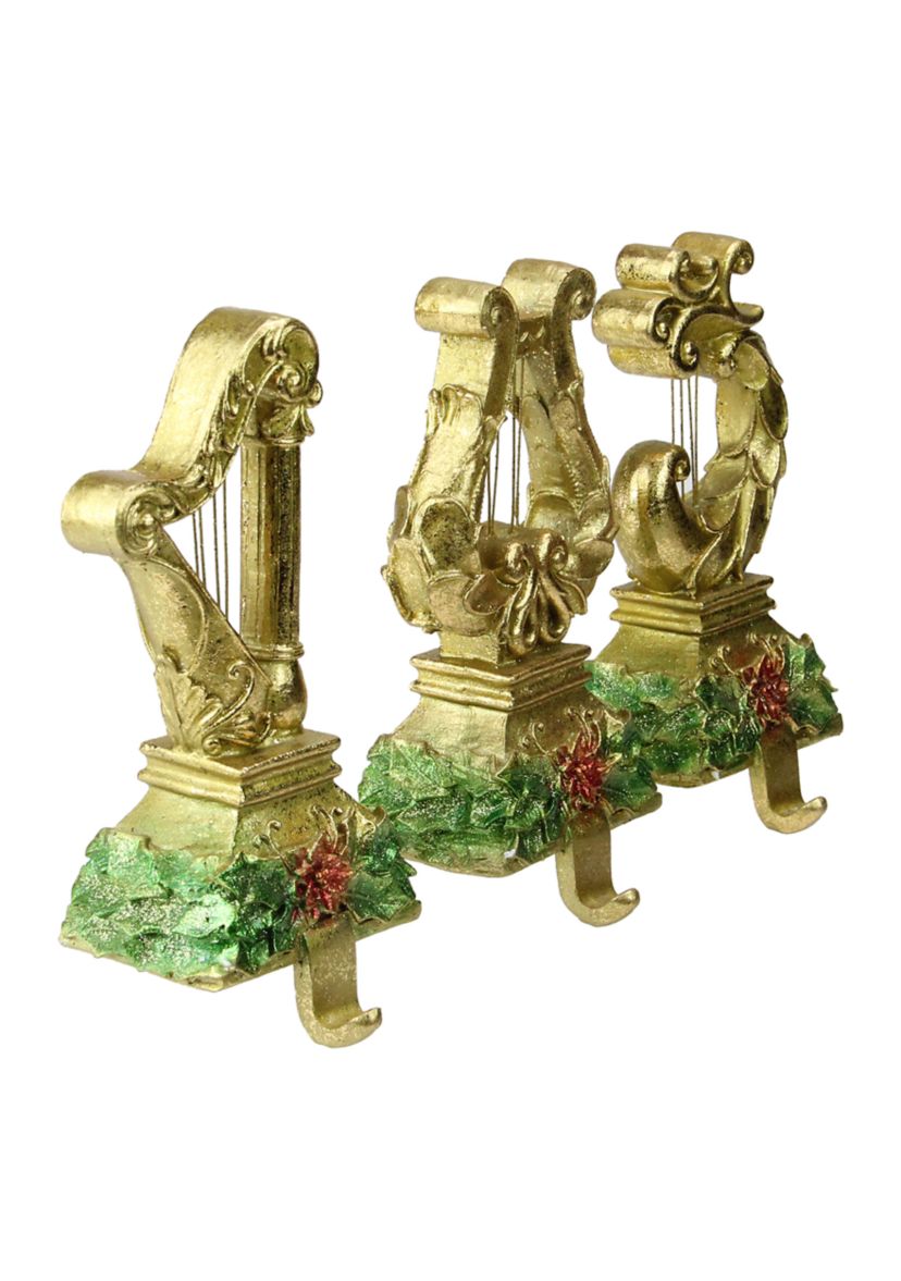 Set of 3 Gold Harp Musical Instruments Glittered Christmas Stocking Holders 8Inch