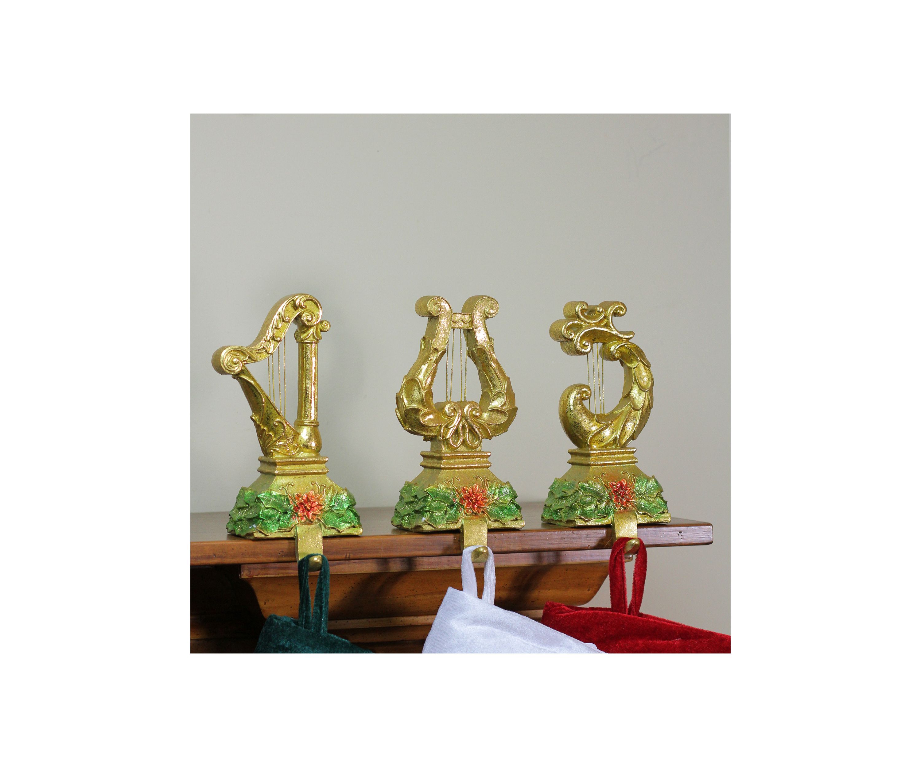 Set of 3 Gold Harp Musical Instruments Glittered Christmas Stocking Holders 8Inch