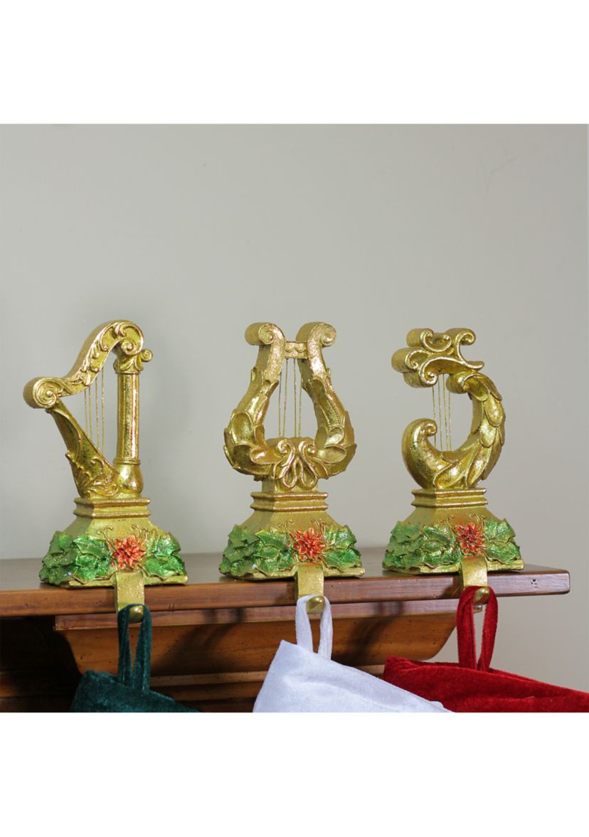 Set of 3 Gold Harp Musical Instruments Glittered Christmas Stocking Holders 8Inch