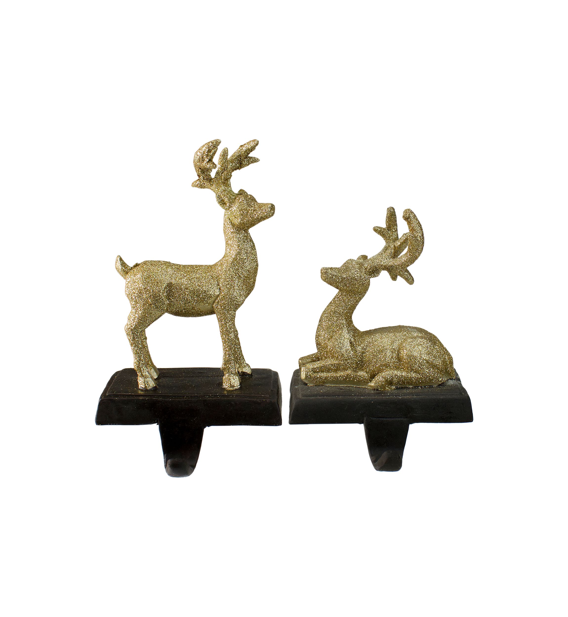 Set of 2 Gold Reindeer Glittered Christmas Stocking Holders 8.5Inch