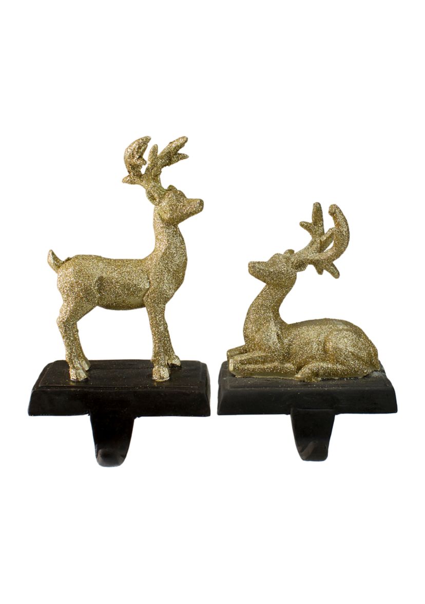 Set of 2 Gold Reindeer Glittered Christmas Stocking Holders 8.5Inch