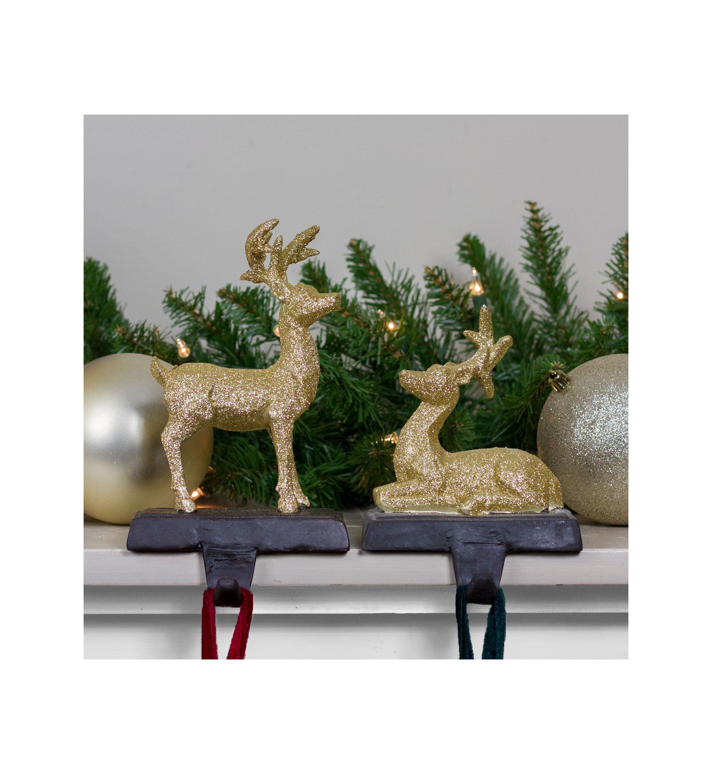 Set of 2 Gold Reindeer Glittered Christmas Stocking Holders 8.5Inch