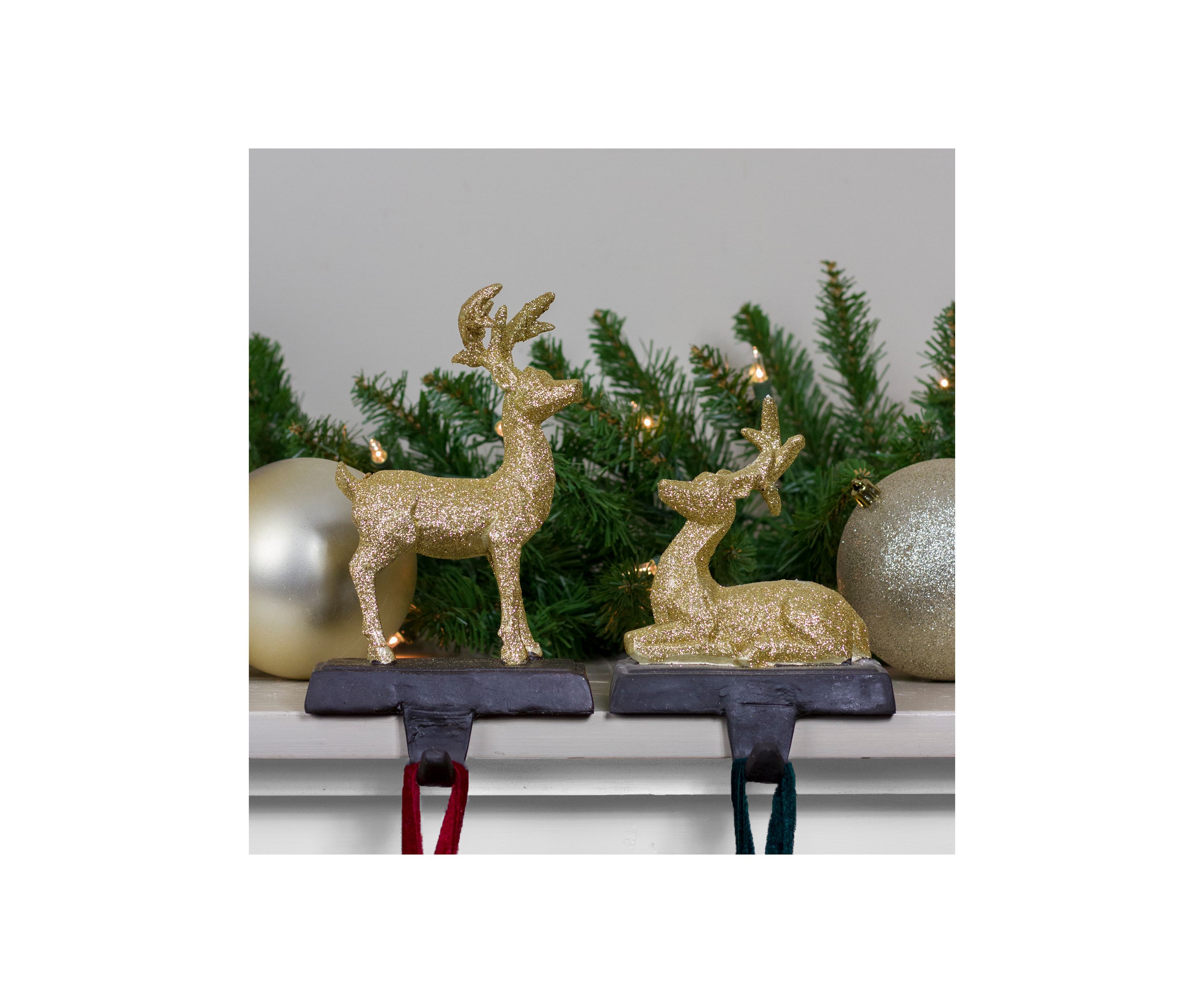 Set of 2 Gold Reindeer Glittered Christmas Stocking Holders 8.5Inch