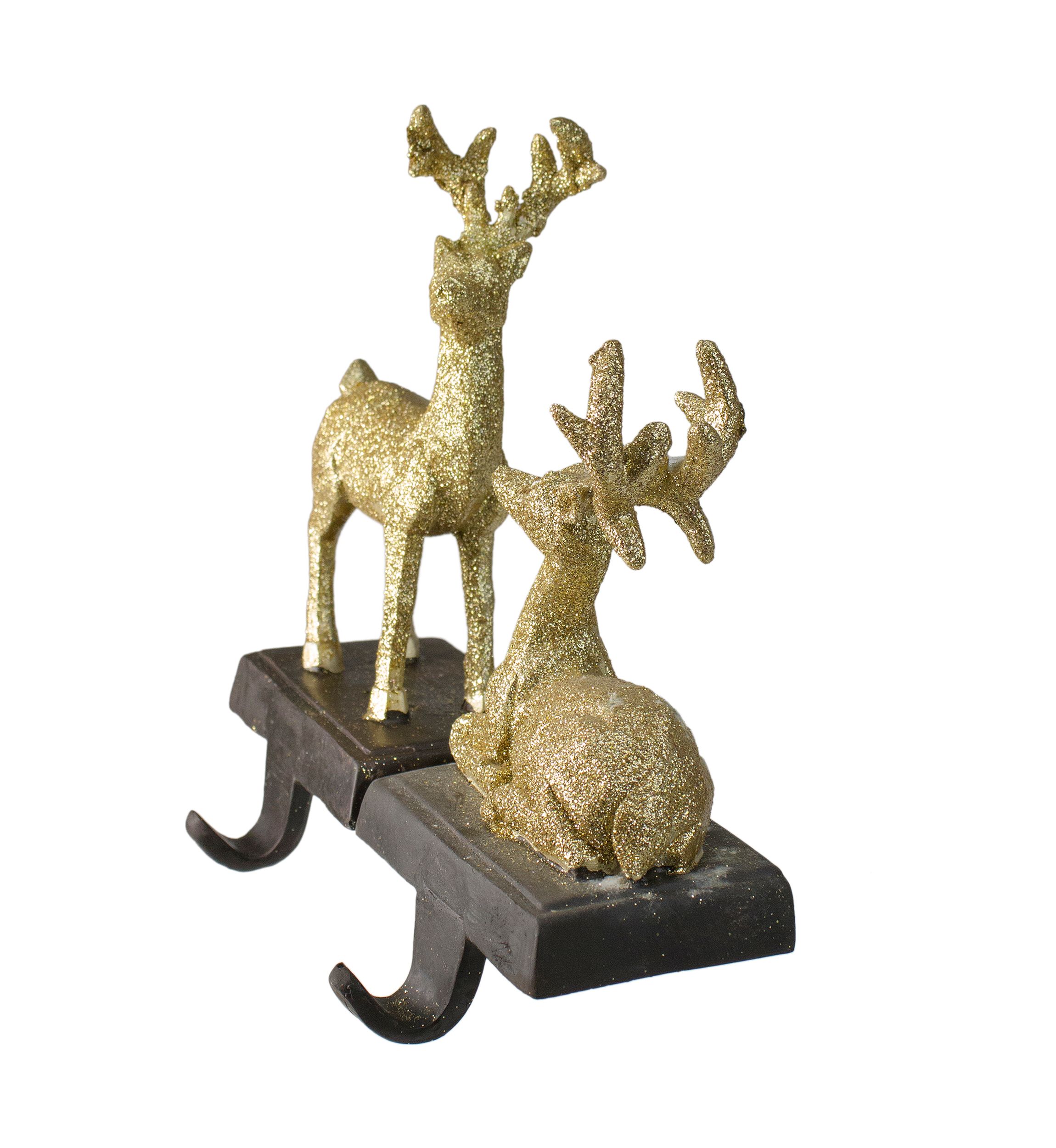 Set of 2 Gold Reindeer Glittered Christmas Stocking Holders 8.5Inch