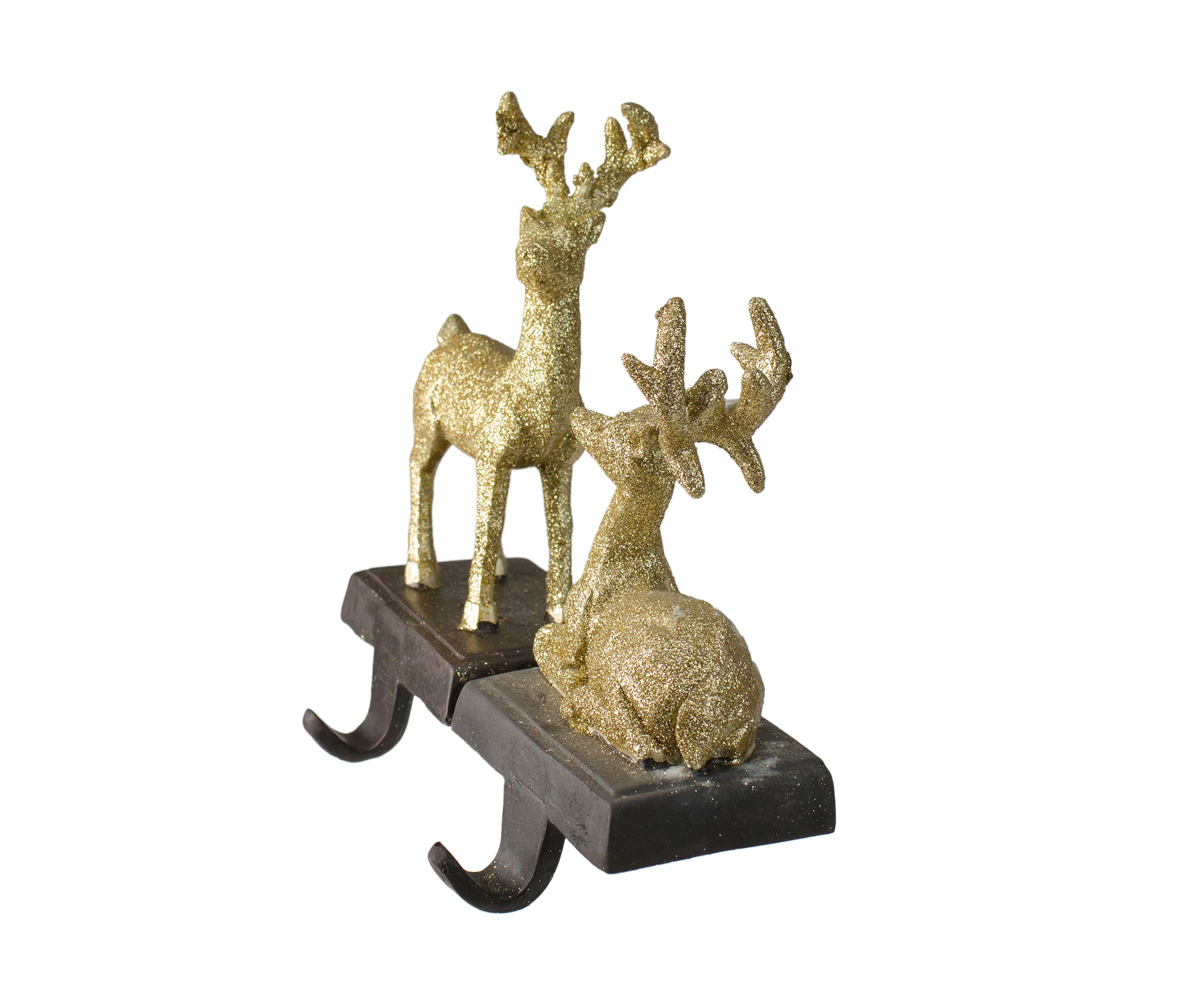 Set of 2 Gold Reindeer Glittered Christmas Stocking Holders 8.5Inch