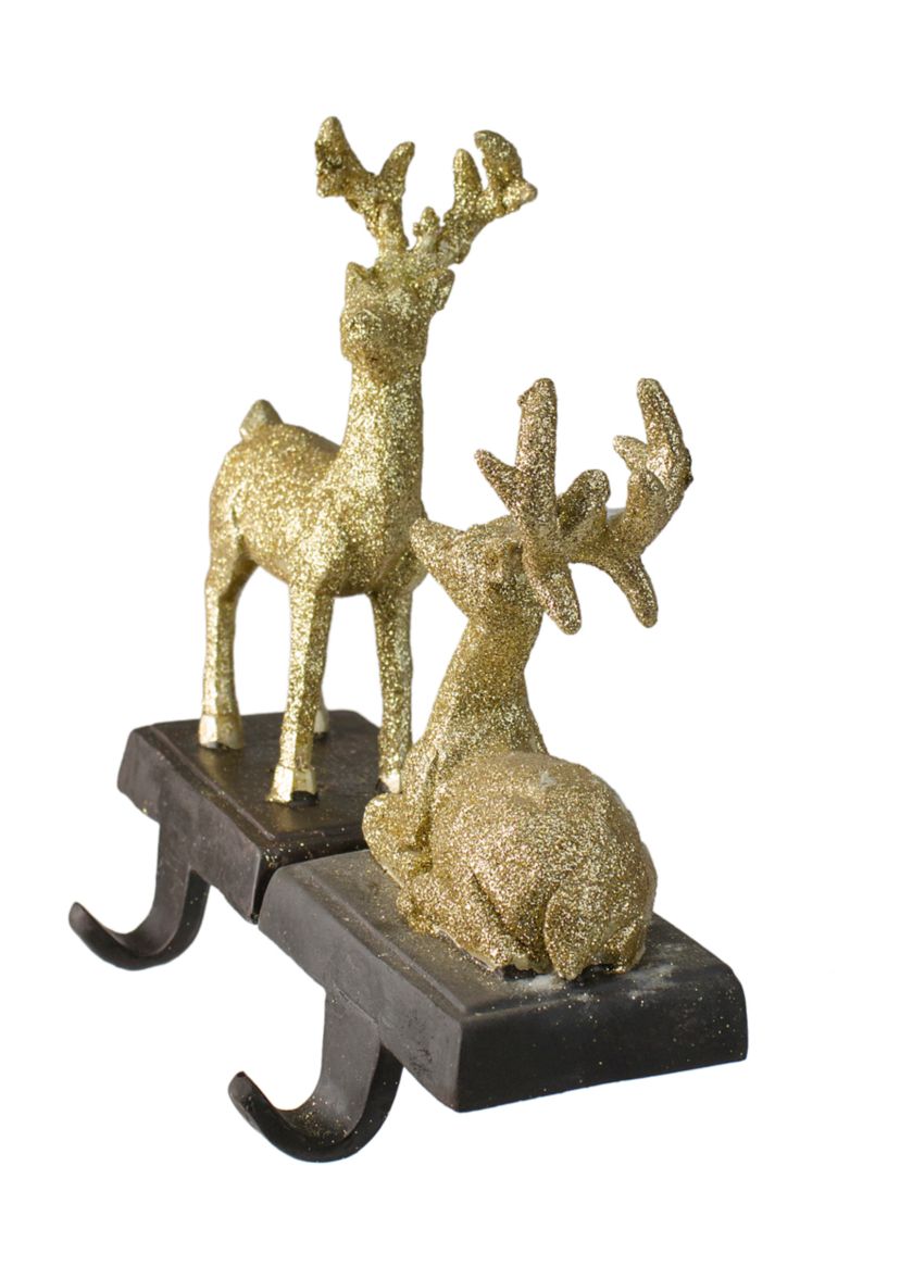 Set of 2 Gold Reindeer Glittered Christmas Stocking Holders 8.5Inch