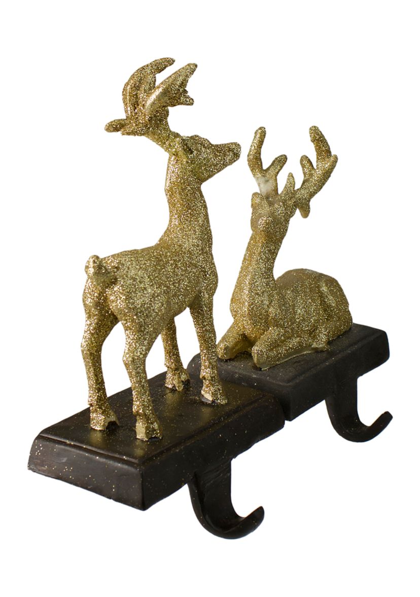 Set of 2 Gold Reindeer Glittered Christmas Stocking Holders 8.5Inch