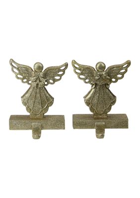 Set of 2 Gold Angel Glittered Christmas Stocking Holders 6.5Inch