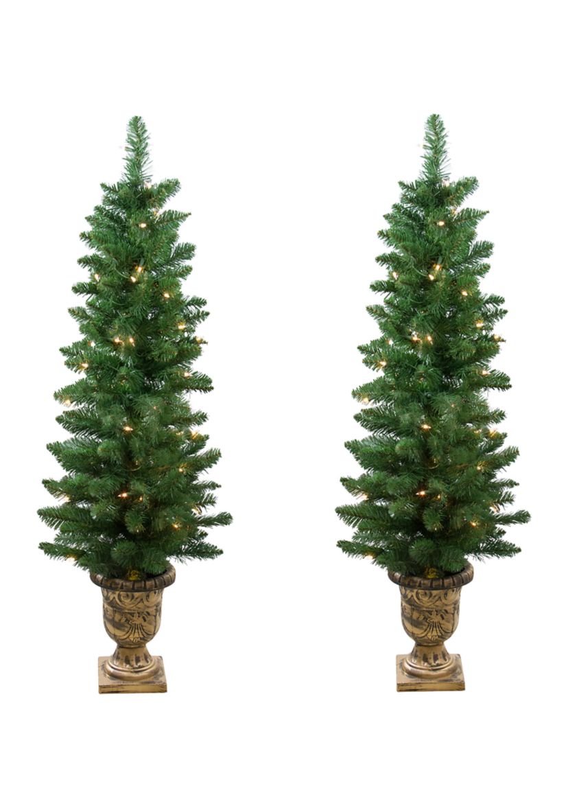 Set of 2 Pre-Lit Whitmire Pine Potted Artificial Christmas Trees 4 - Clear Lights