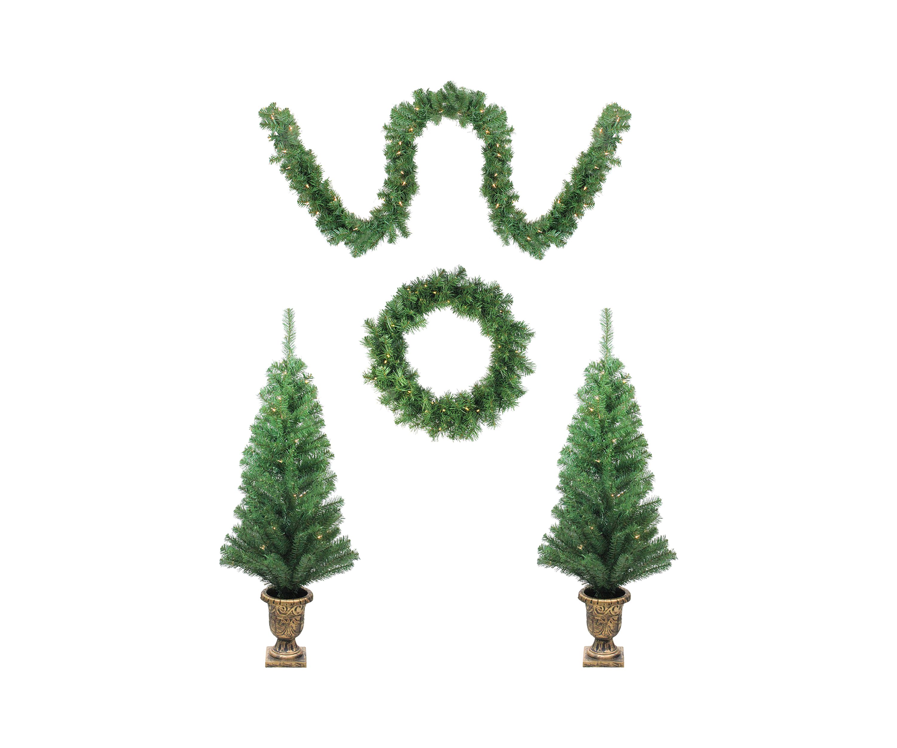 5-Piece Pre-Lit Artificial Winter Spruce Christmas Trees  Wreath and Garland Set - Clear Lights
