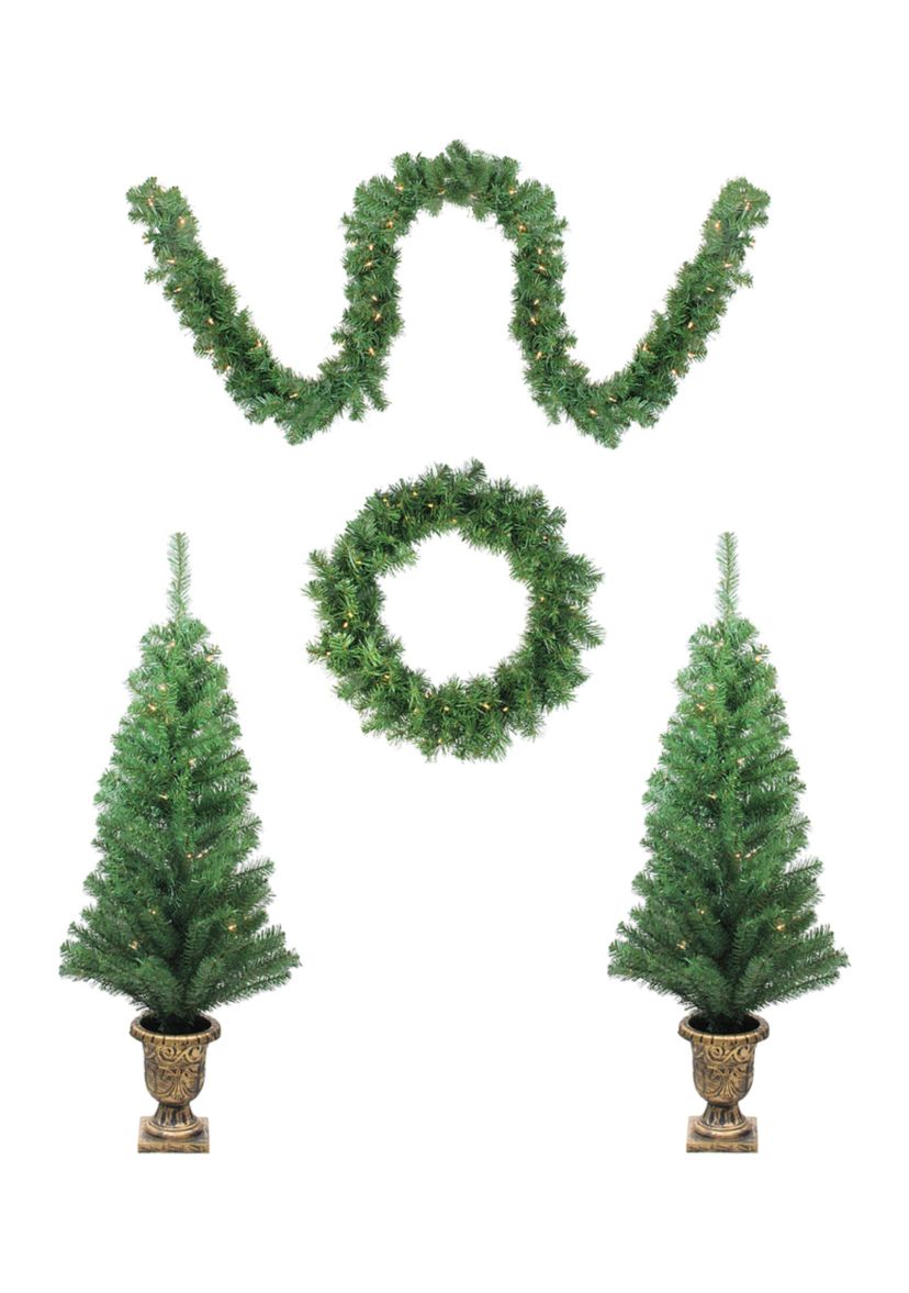 5-Piece Pre-Lit Artificial Winter Spruce Christmas Trees  Wreath and Garland Set - Clear Lights