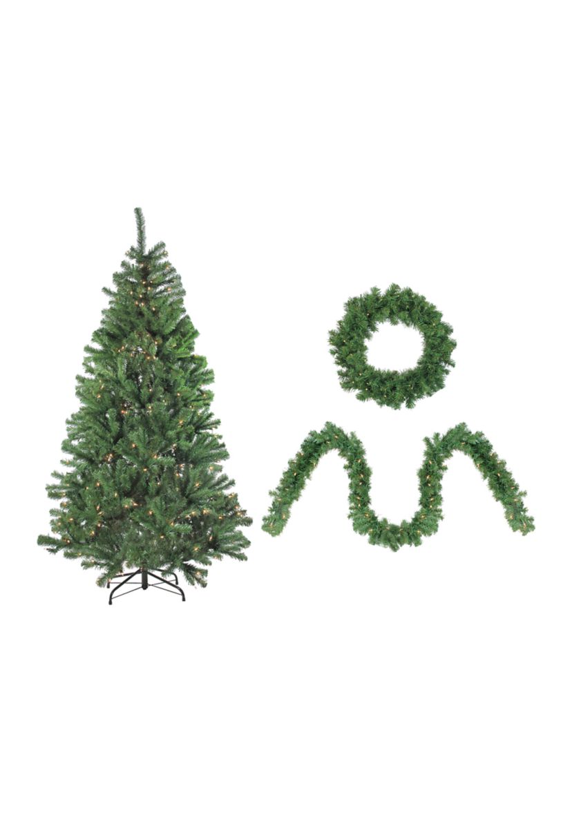 4-Piece Artificial Winter Spruce Christmas Tree  Wreath and Garland Set 6.5 - Clear Lights