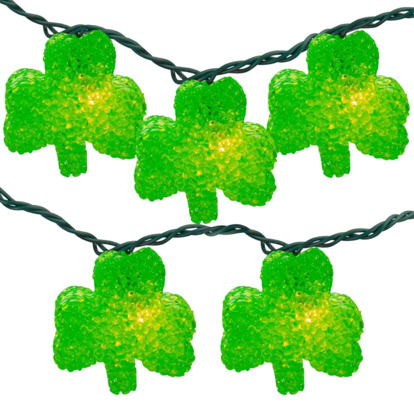 10 Green Irish Shamrock St Patricks Day String Lights - 7.25ft Green Wire
