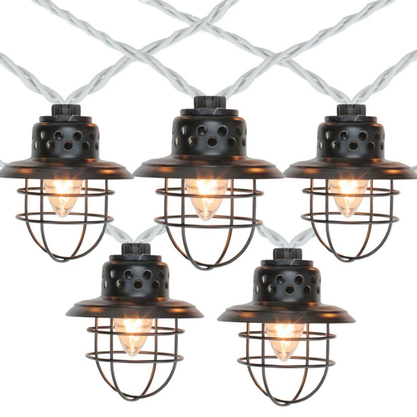 10-Count Black Caged Fisherman Lantern Patio String Light Set  9 White Wire