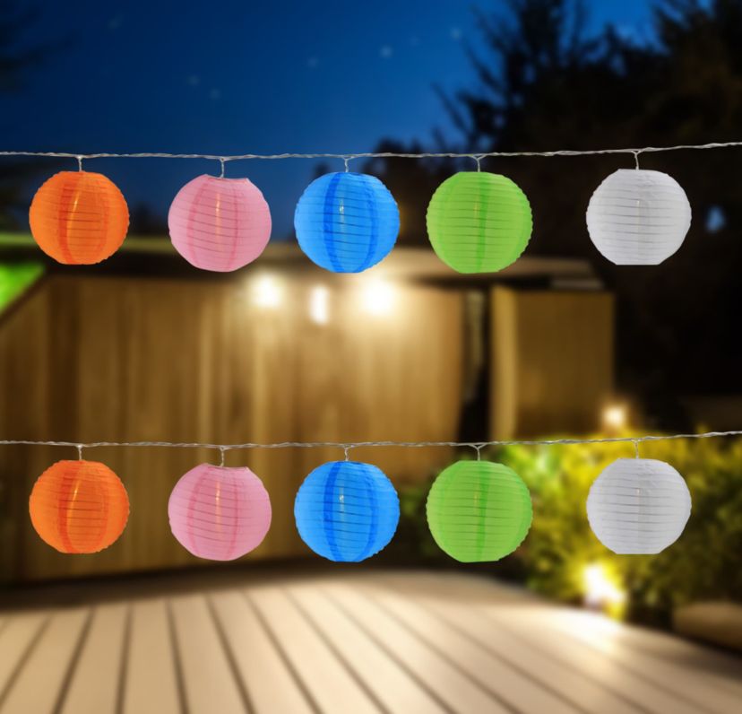10-Count Colorful Summer Paper Lantern Lights  Clear Bulbs