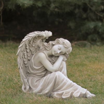 17" Gray Resting Angel Outdoor Garden Statue