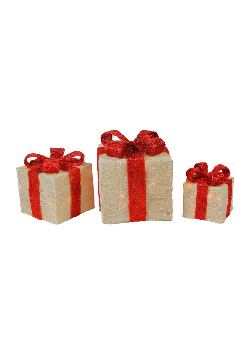 Set of 3 Cream Sisal Lighted Gift Boxes with Red Bows Outdoor Christmas Decorations