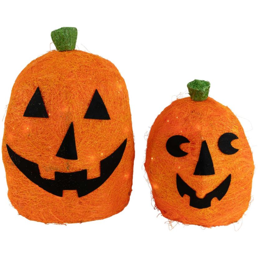 Lighted Sisal Jack O Lanterns Outdoor Halloween Decorations - Set of 2