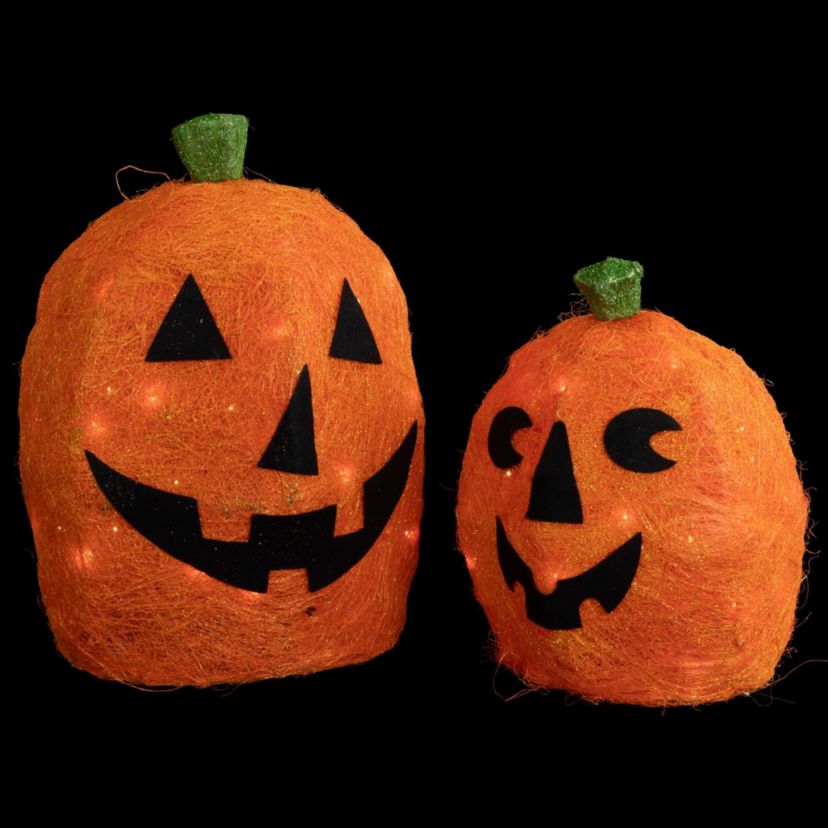 Lighted Sisal Jack O Lanterns Outdoor Halloween Decorations - Set of 2