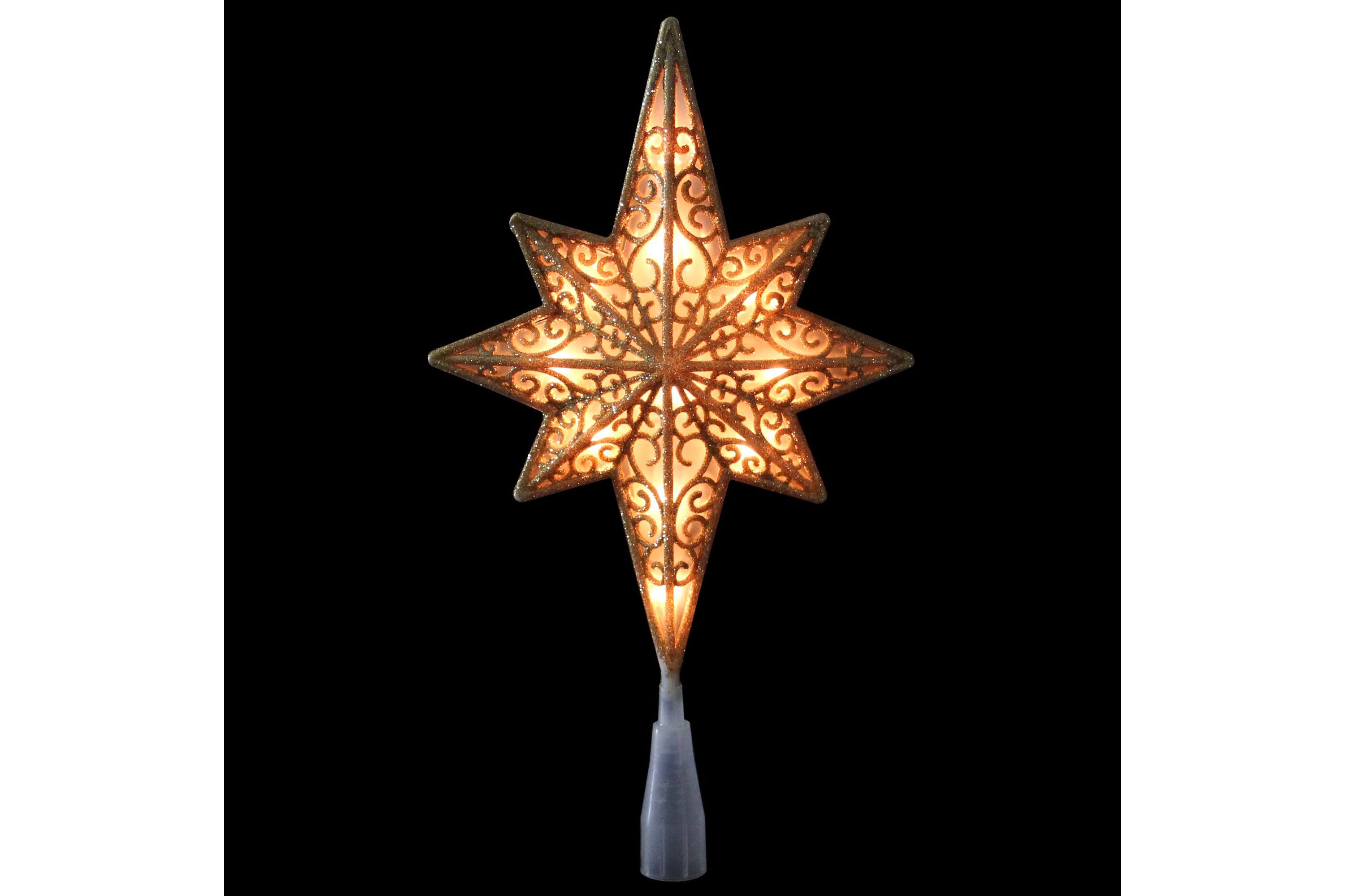 10" Lighted Frosted Clear and Gold Scroll Star of Bethlehem Christmas Tree Topper - Clear Lights