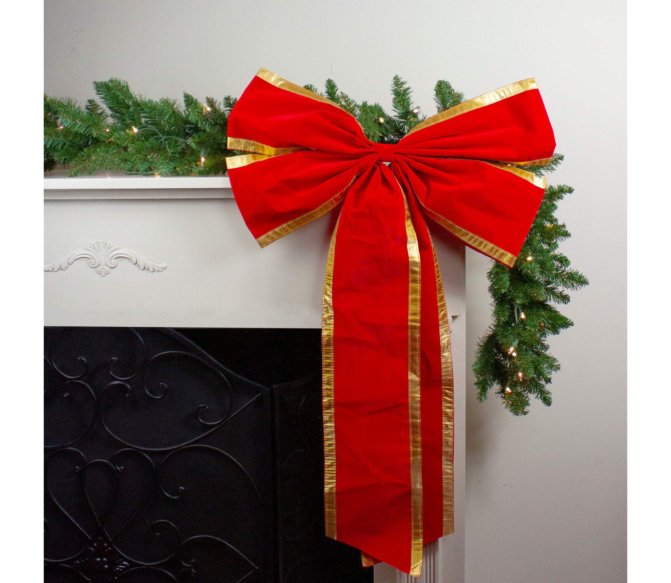 Velveteen 4-Loop Christmas Bow Decoration - 24" x 38" - Red and Gold