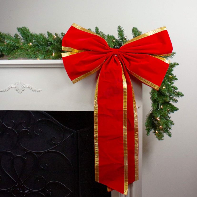 Velveteen 4-Loop Christmas Bow Decoration - 24" x 38" - Red and Gold