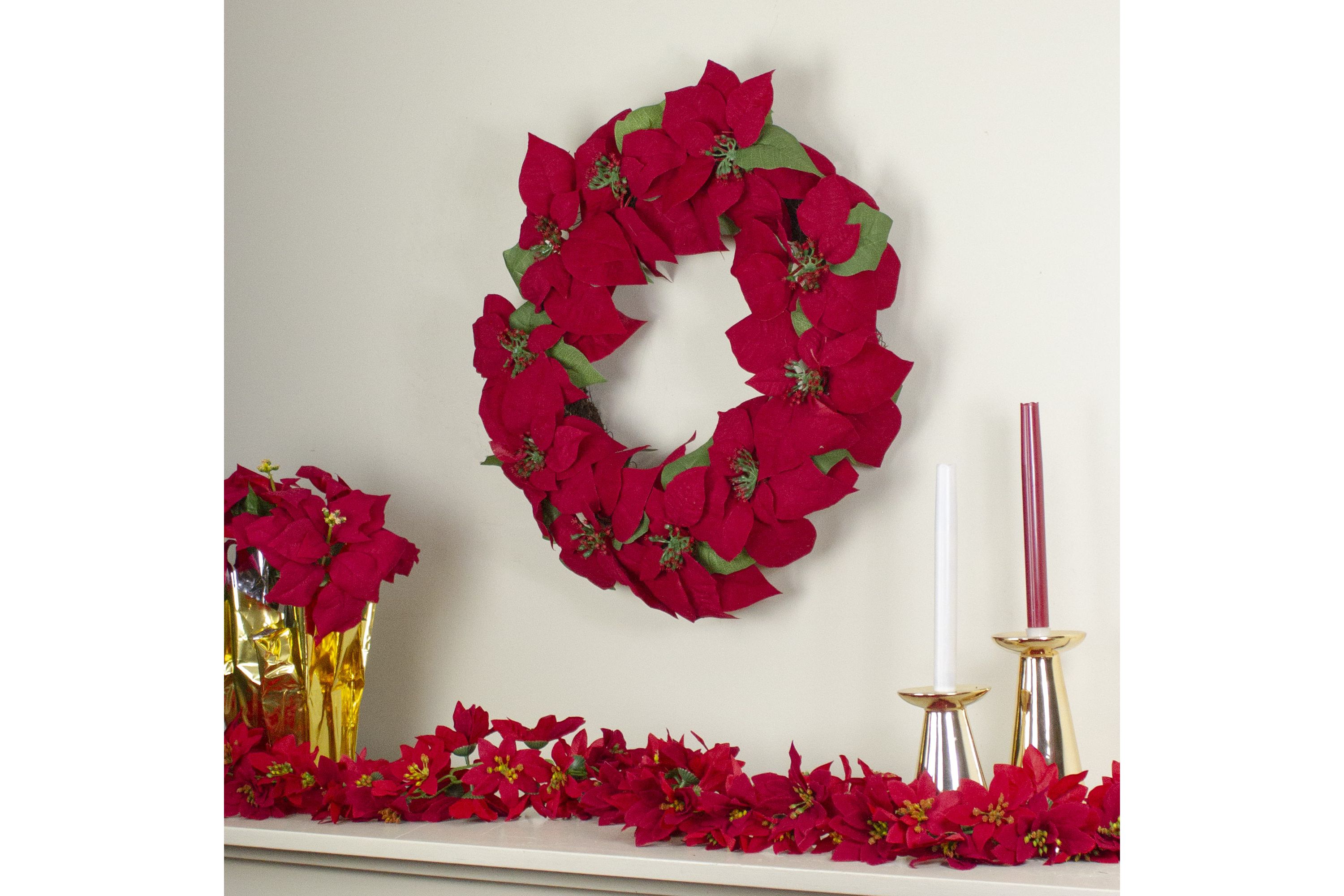 24inch Red Artificial Poinsettia Flower Christmas Wreath - Unlit