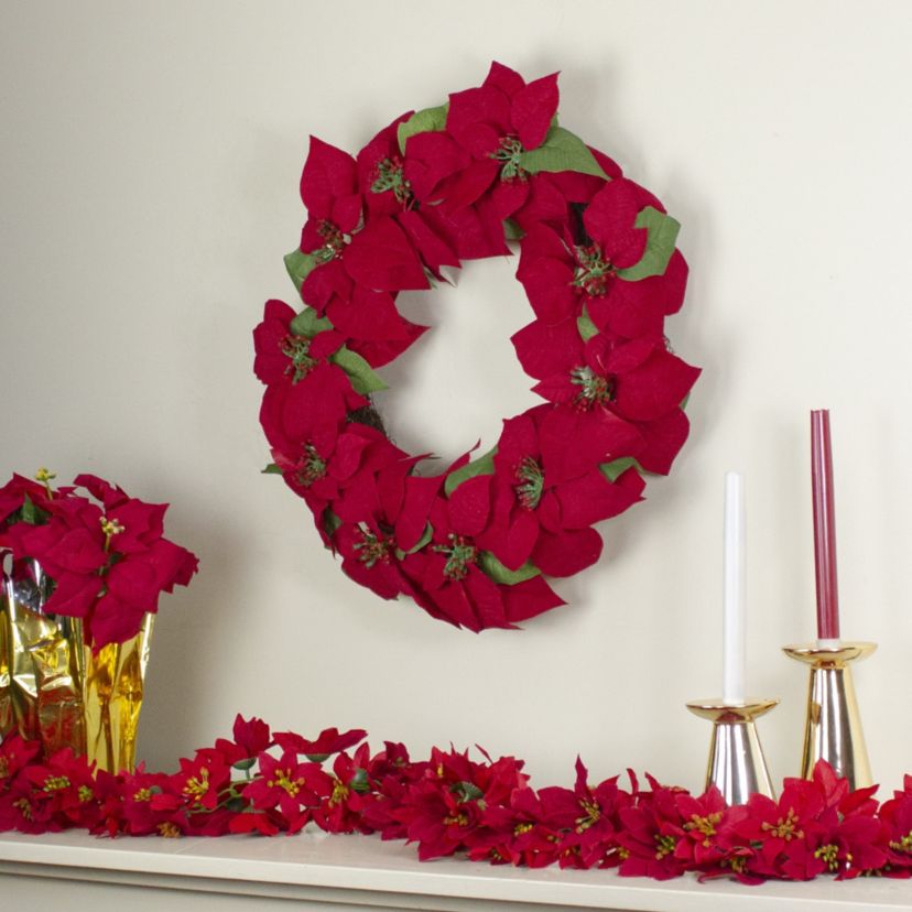 24inch Red Artificial Poinsettia Flower Christmas Wreath - Unlit