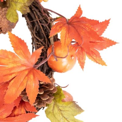 Orange Foliage with Pine Cones and Pumpkins Autumn Harvest Wreath  10-Inch  Unlit