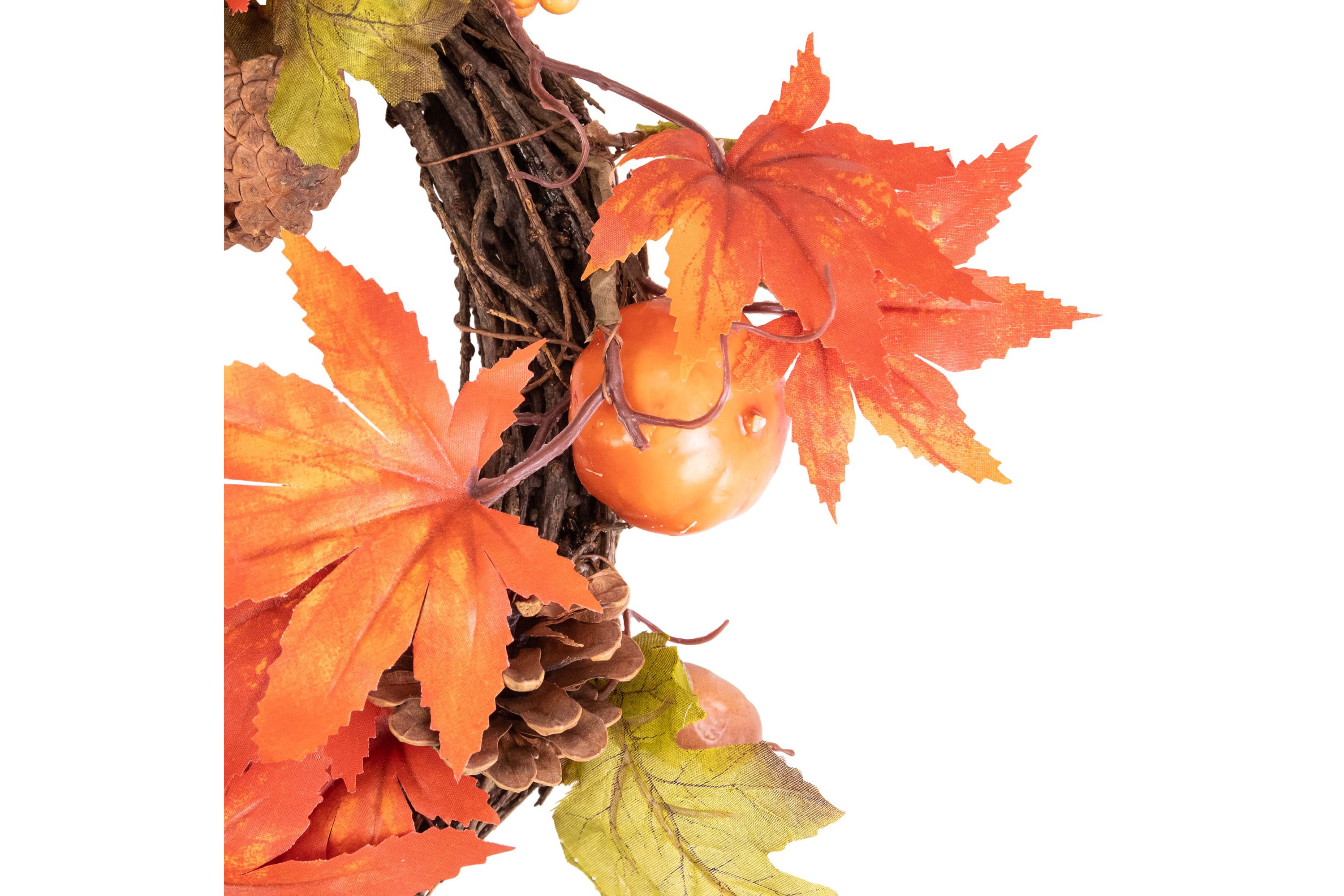 Orange Foliage with Pine Cones and Pumpkins Autumn Harvest Wreath  10-Inch  Unlit