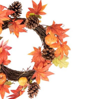 Orange Foliage with Pine Cones and Pumpkins Autumn Harvest Wreath  10-Inch  Unlit