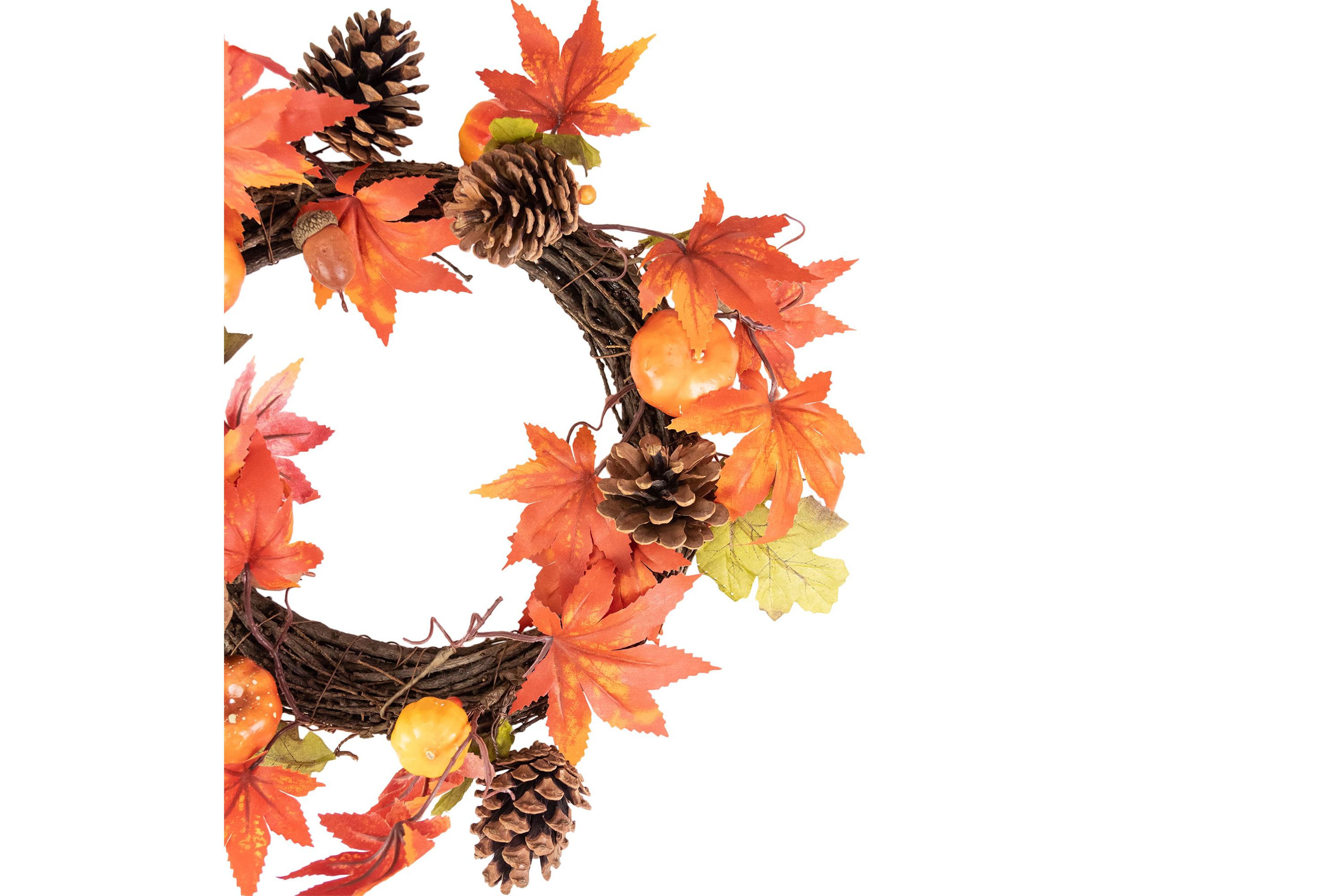Orange Foliage with Pine Cones and Pumpkins Autumn Harvest Wreath  10-Inch  Unlit
