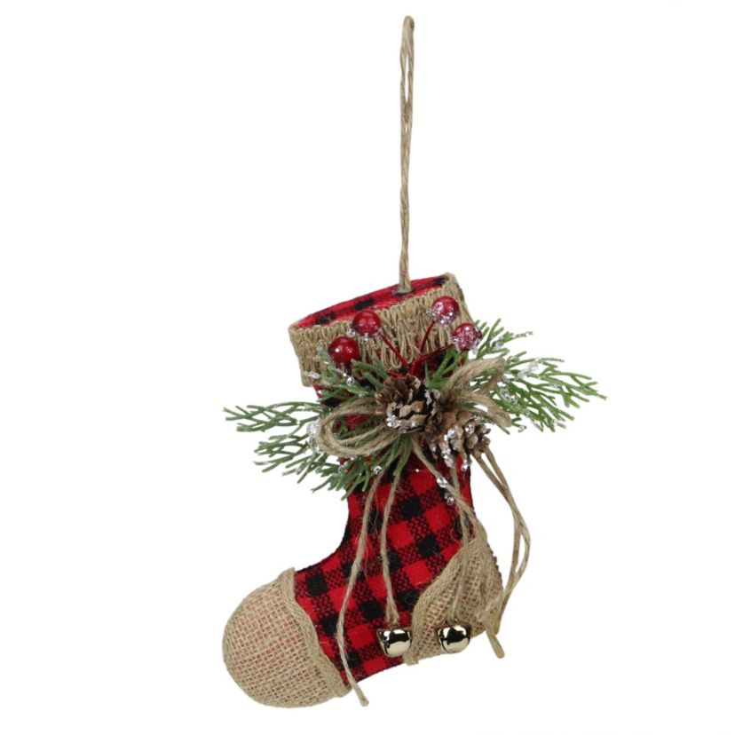 5.75inch Red Plaid and Burlap Christmas Stocking Ornament