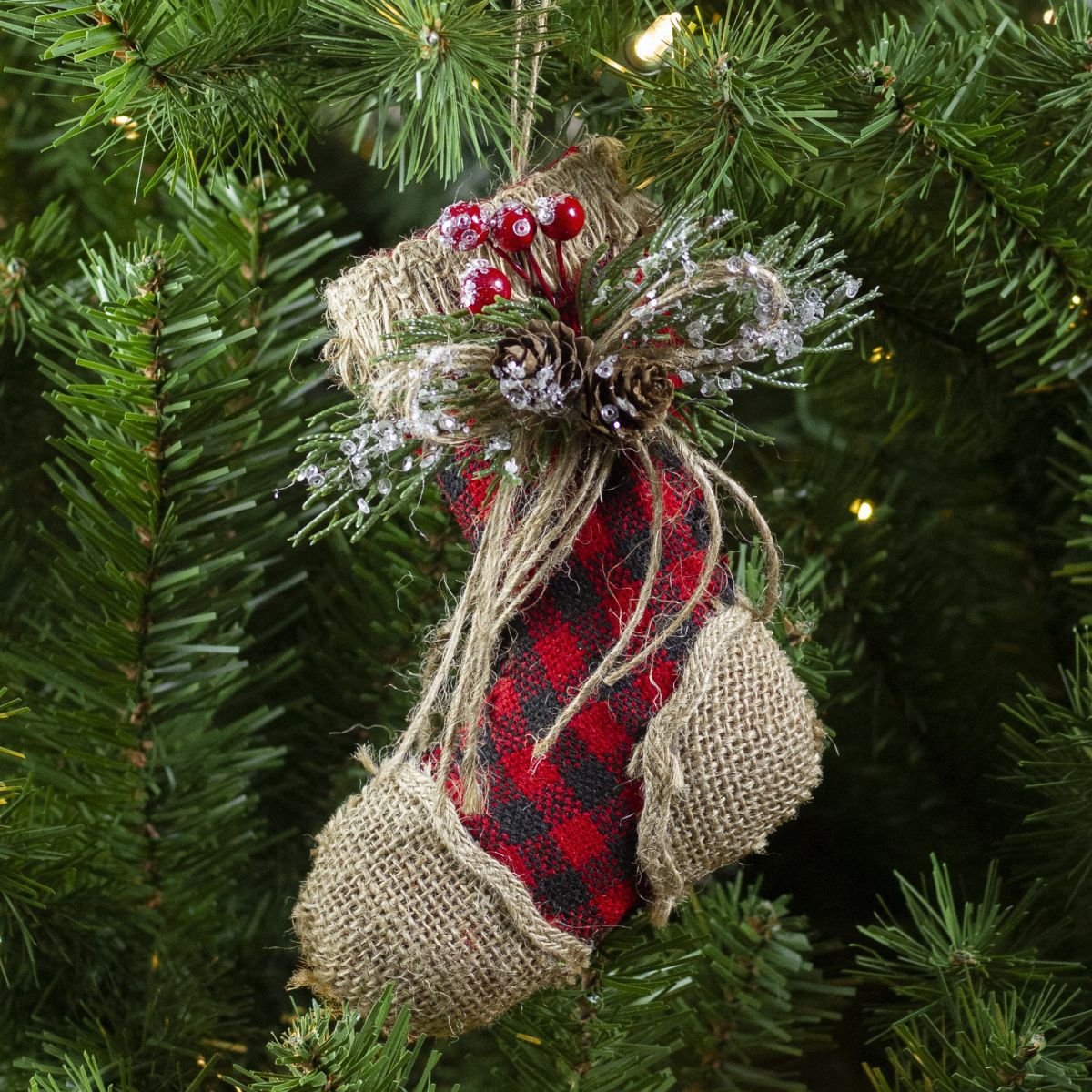 5.75inch Red Plaid and Burlap Christmas Stocking Ornament