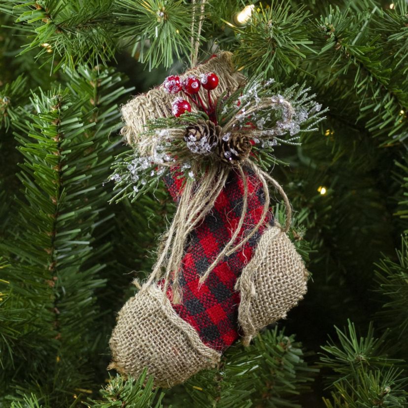 5.75inch Red Plaid and Burlap Christmas Stocking Ornament
