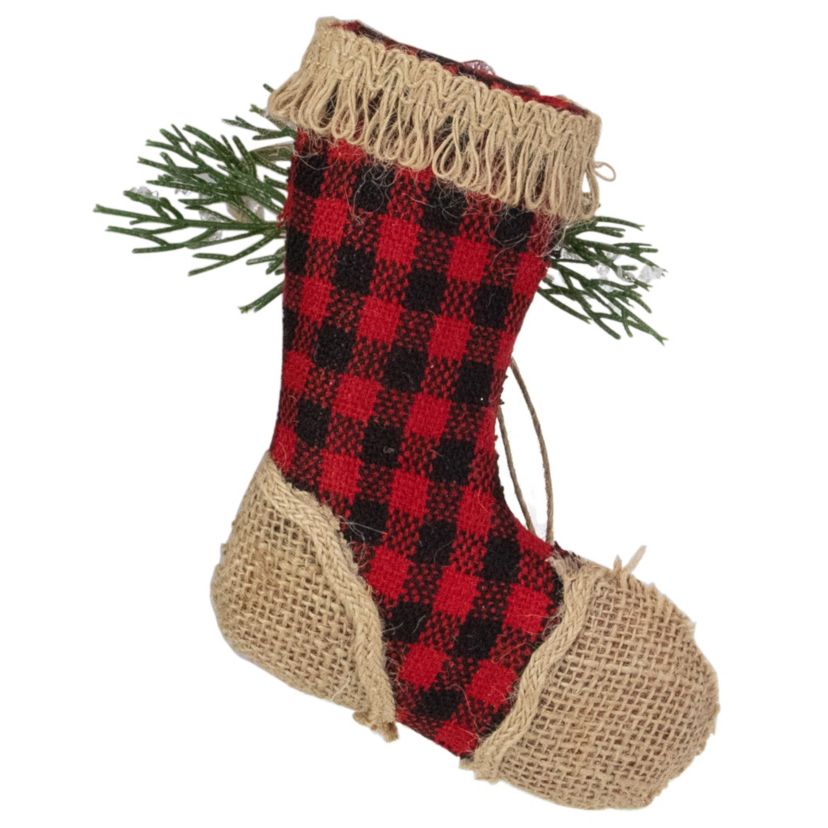 5.75inch Red Plaid and Burlap Christmas Stocking Ornament