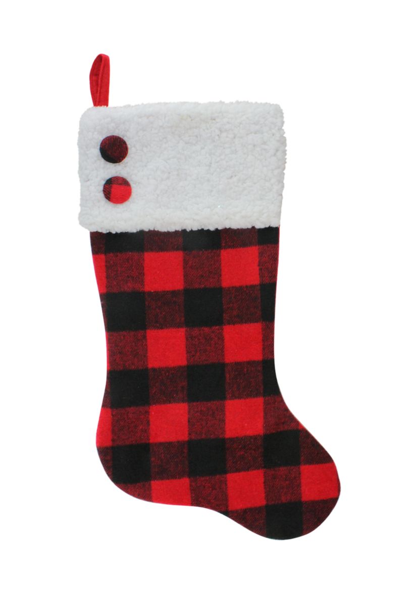 23Inch Black and Red Rustic Buffalo Plaid Christmas Stocking