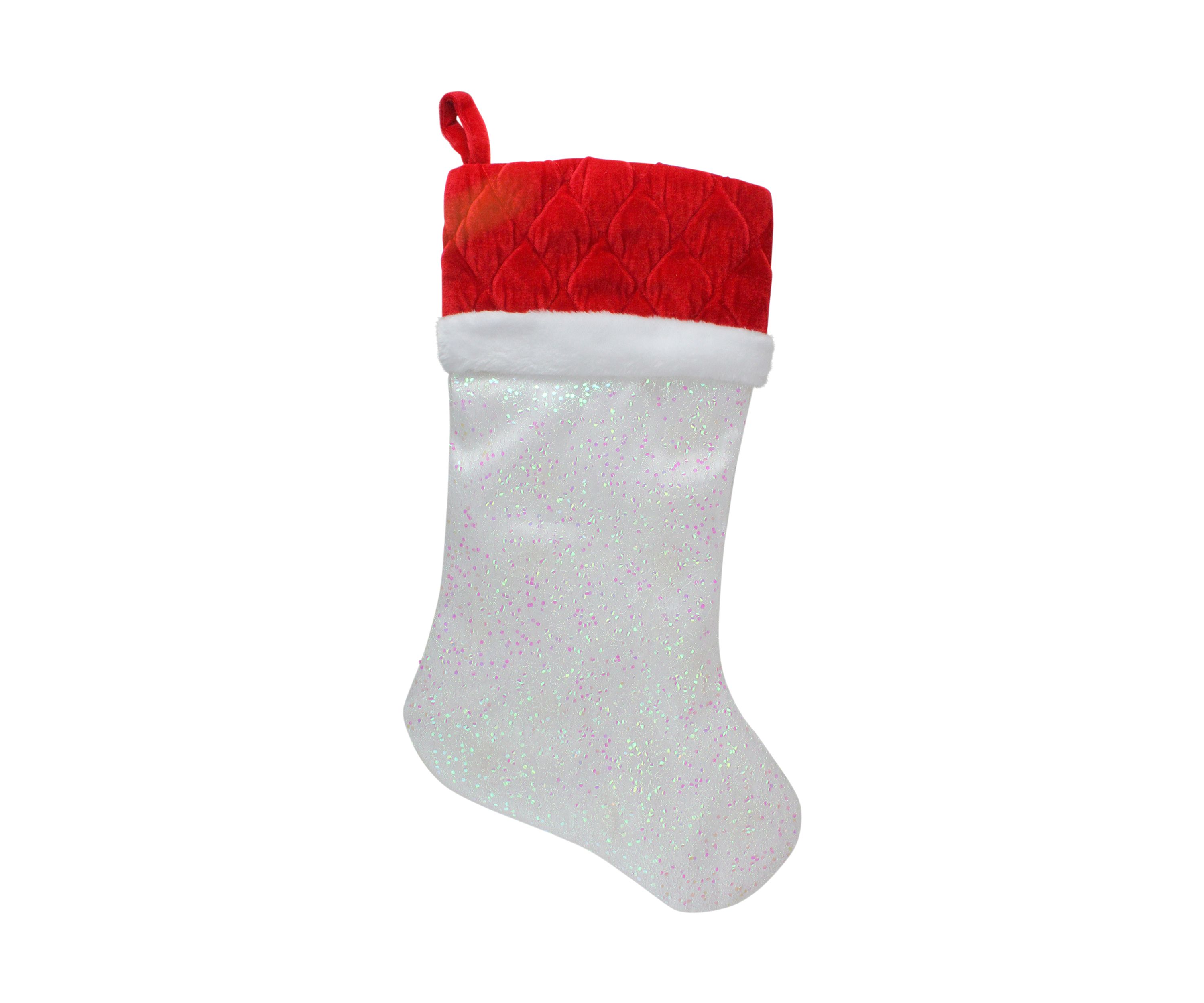 22.25Inch LED Lighted White Iridescent Glittered Christmas Stocking with Red Cuff