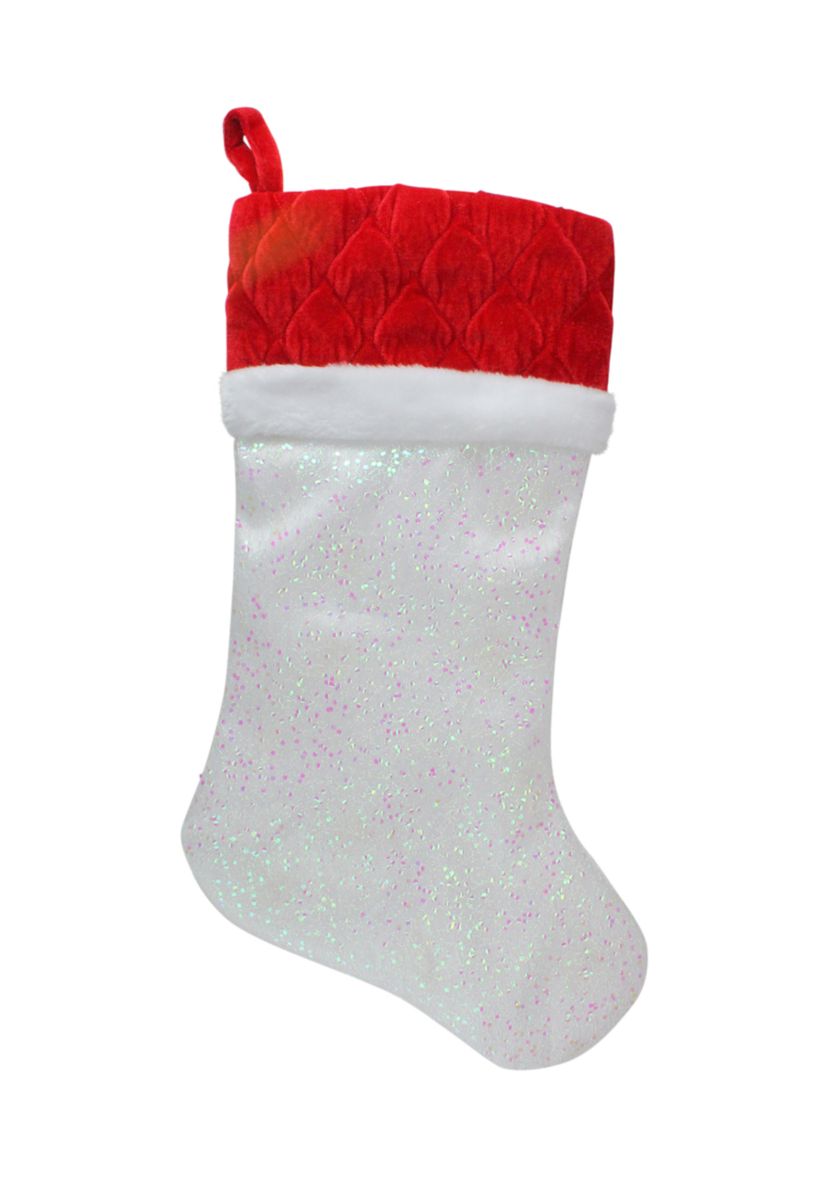22.25Inch LED Lighted White Iridescent Glittered Christmas Stocking with Red Cuff