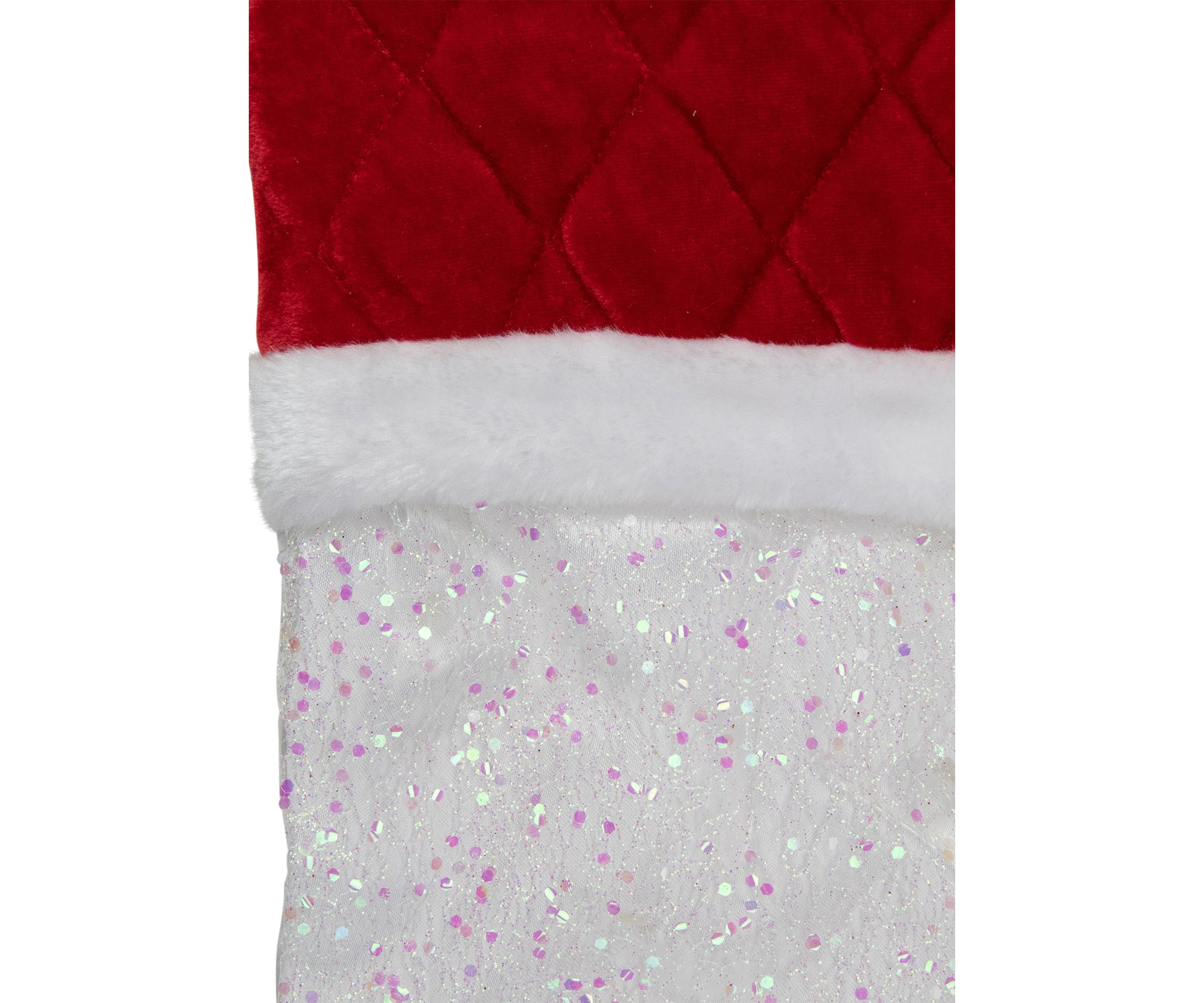 22.25Inch LED Lighted White Iridescent Glittered Christmas Stocking with Red Cuff