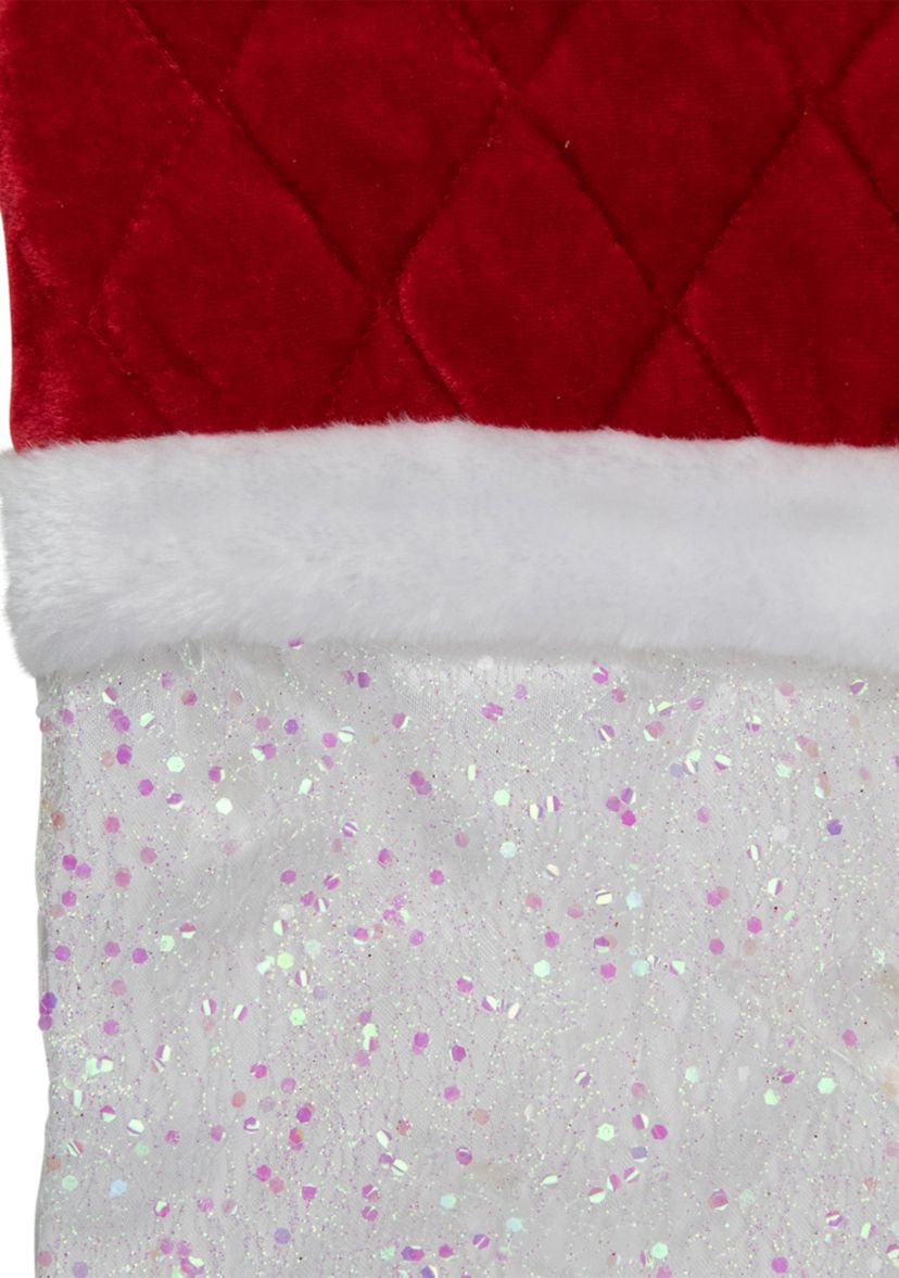 22.25Inch LED Lighted White Iridescent Glittered Christmas Stocking with Red Cuff