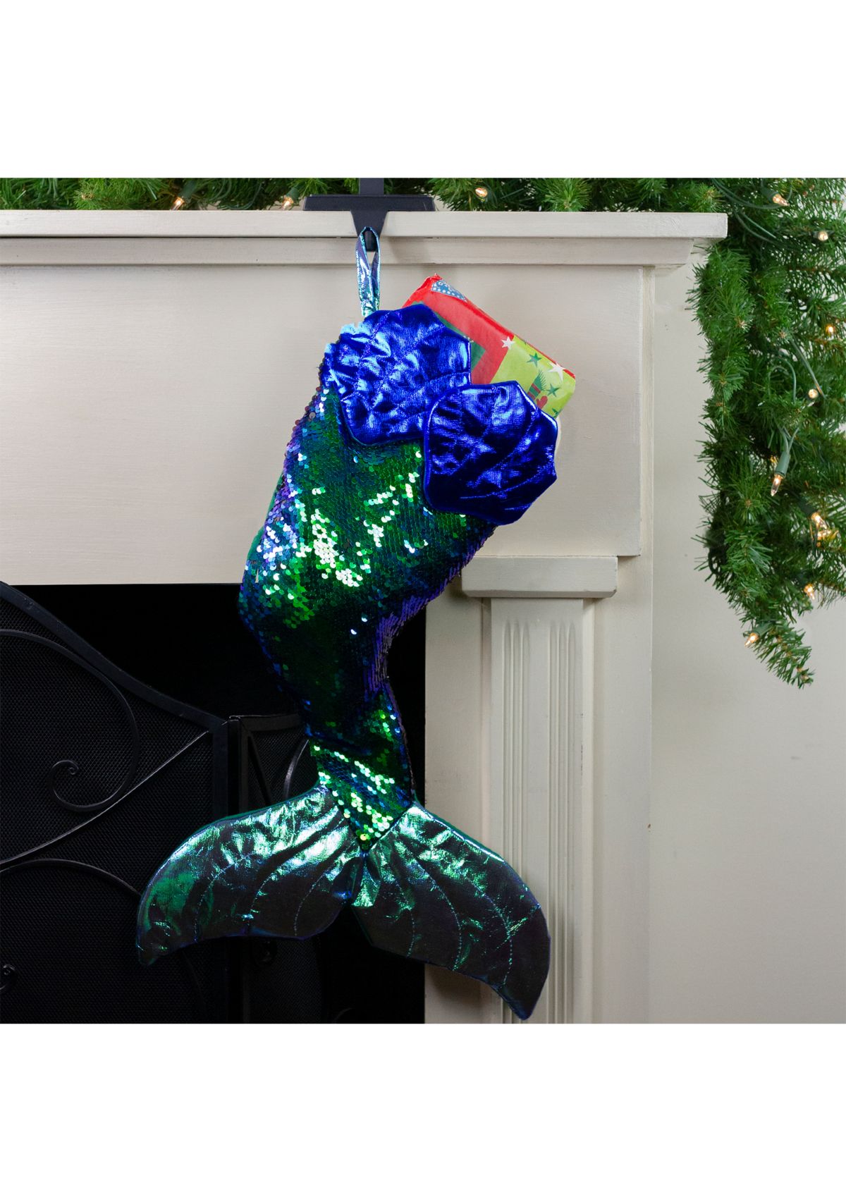 24Inch Green and Black Sequined Iridescent Mermaid Christmas Stocking