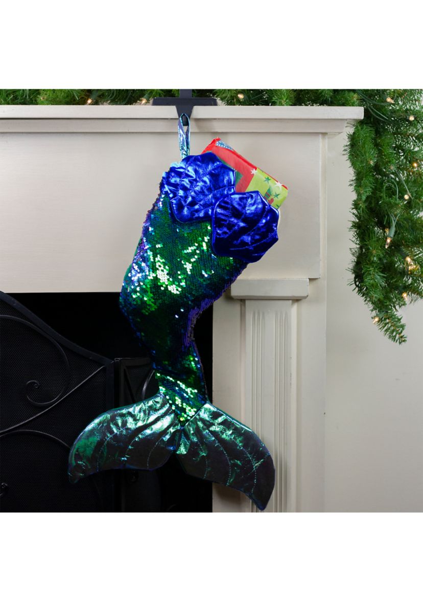 24Inch Green and Black Sequined Iridescent Mermaid Christmas Stocking