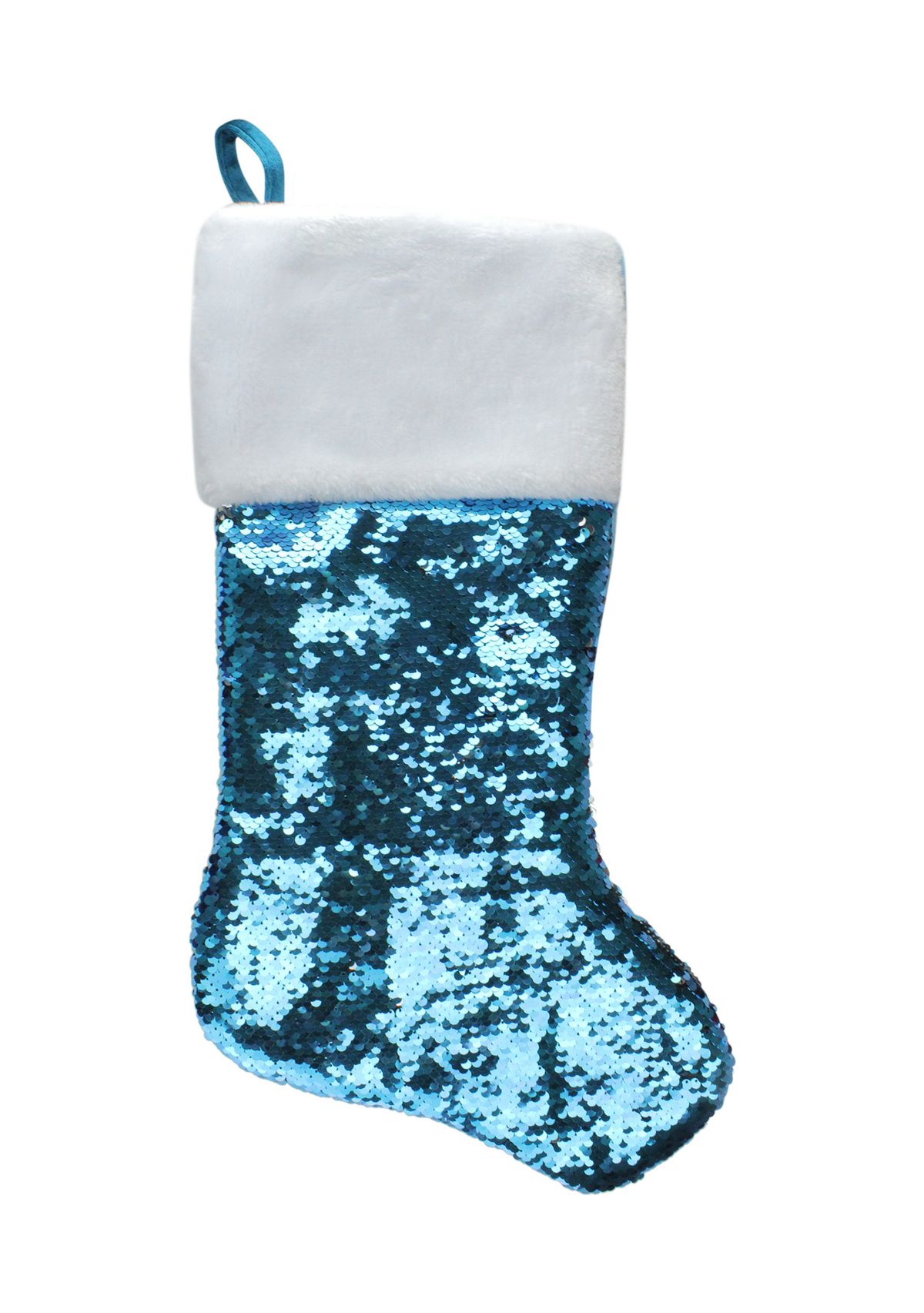 22.75Inch Sky Blue and Silver Reversible Sequined Christmas Stocking with Faux Fur Cuff
