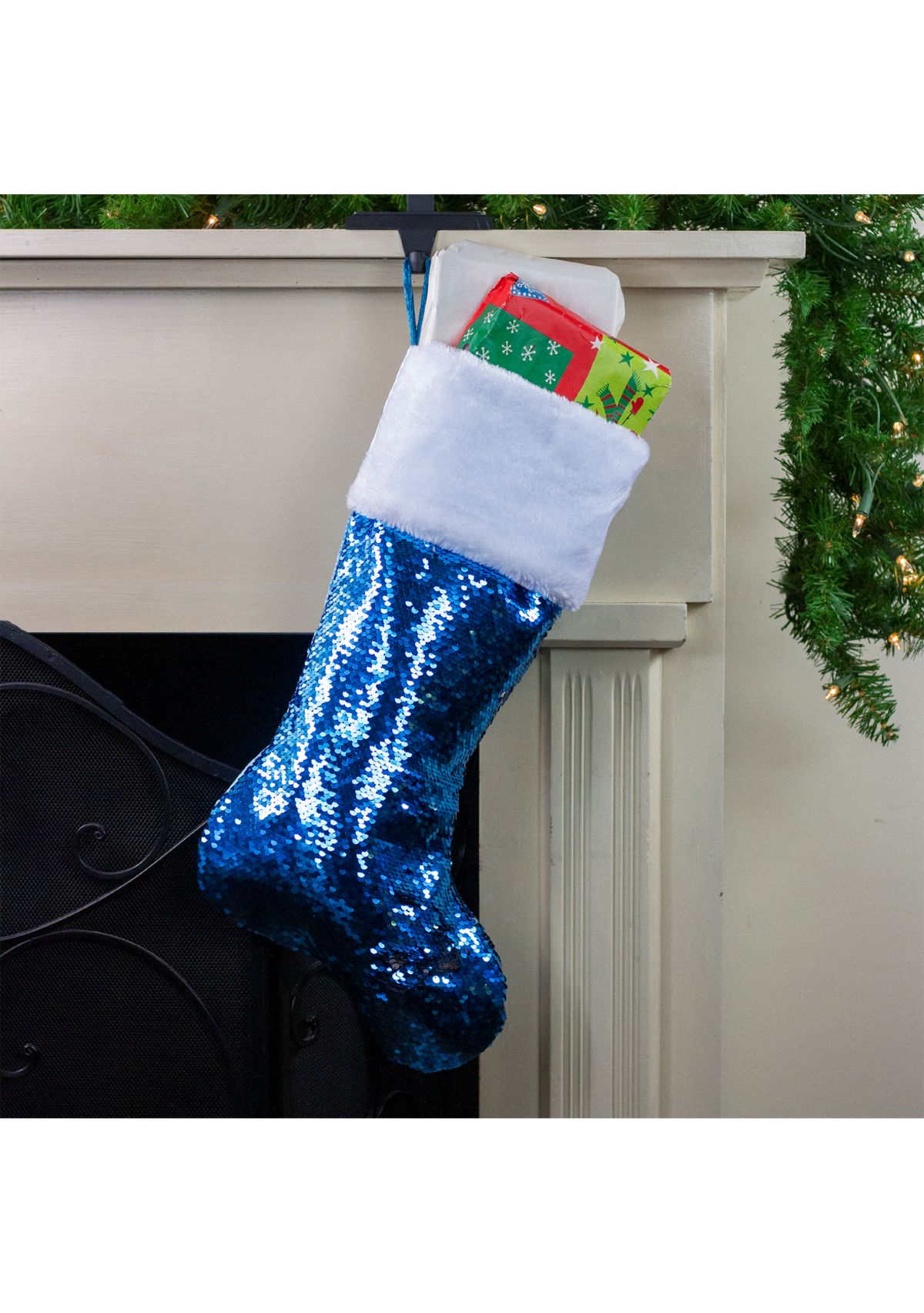 22.75Inch Sky Blue and Silver Reversible Sequined Christmas Stocking with Faux Fur Cuff