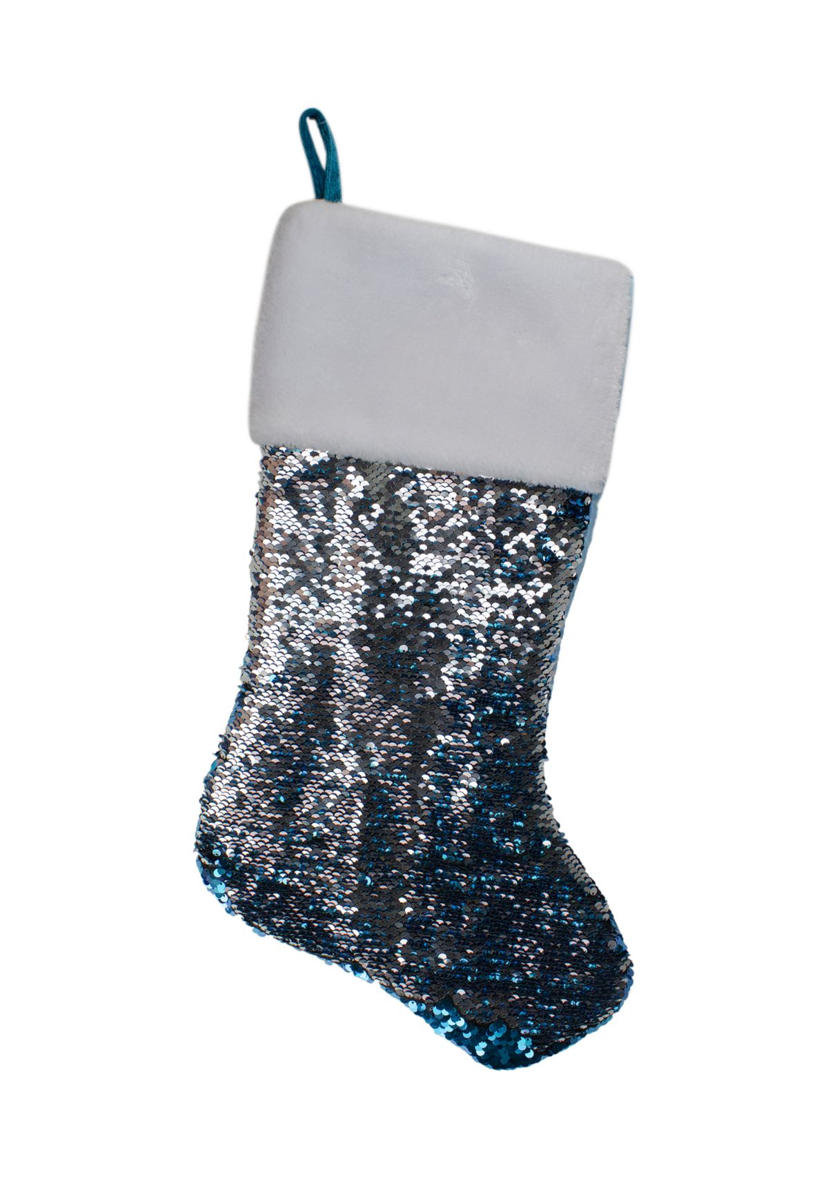 22.75Inch Sky Blue and Silver Reversible Sequined Christmas Stocking with Faux Fur Cuff